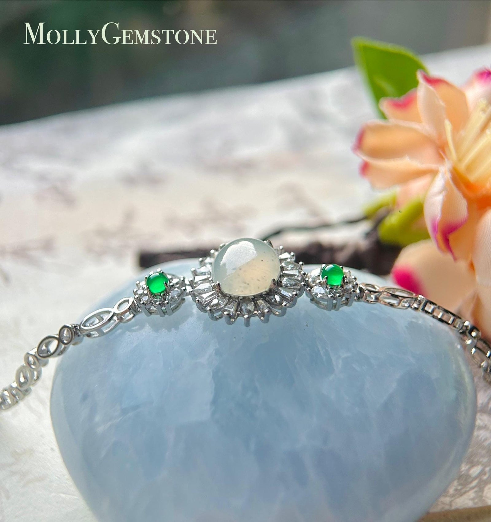 Jadeite Jade Bracelet Jewelry Gift for Her Natural Burmese Type A Highly Translucent Icy White WuJi Jade & 925 Sterling Silver