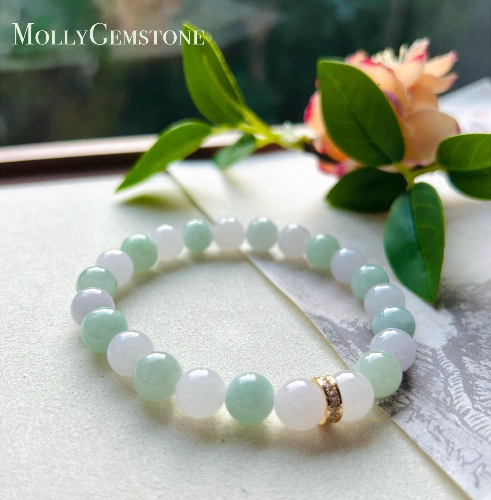 Jadeite Jade Beaded Bracelet Jewelry Gift for Her Natural Burmese Untreated Type A Icy Translucent Apple Green & White 8.8mm Jade Bracelet