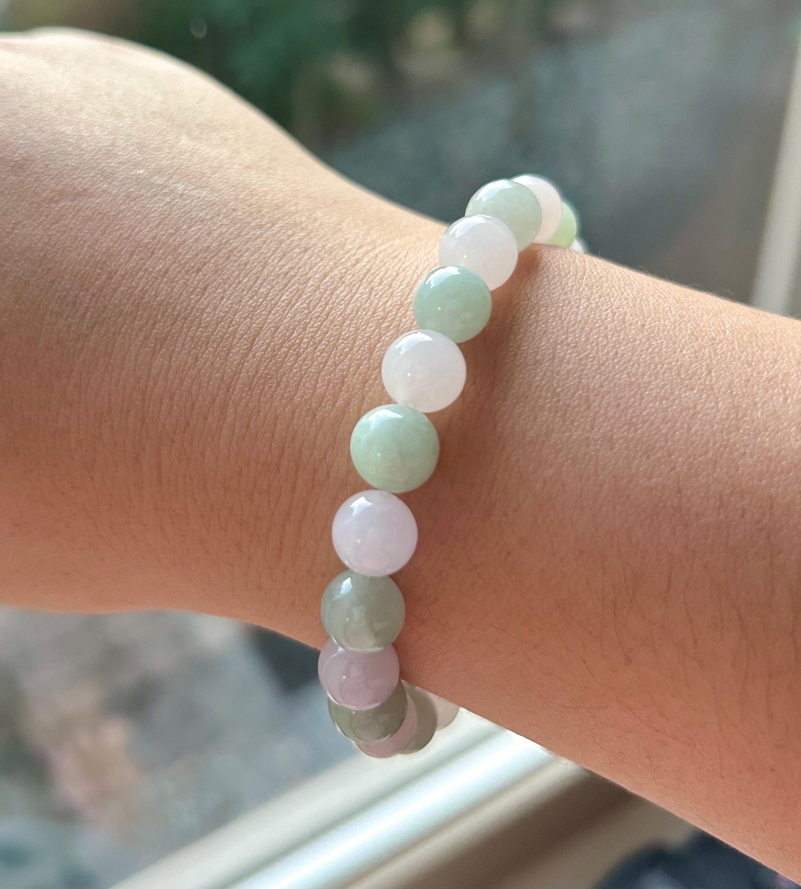 Jadeite Jade Beaded Bracelet Jewelry Gift for Her Natural Burmese Untreated Type A Icy Translucent Apple Green & White 8.8mm Jade Bracelet