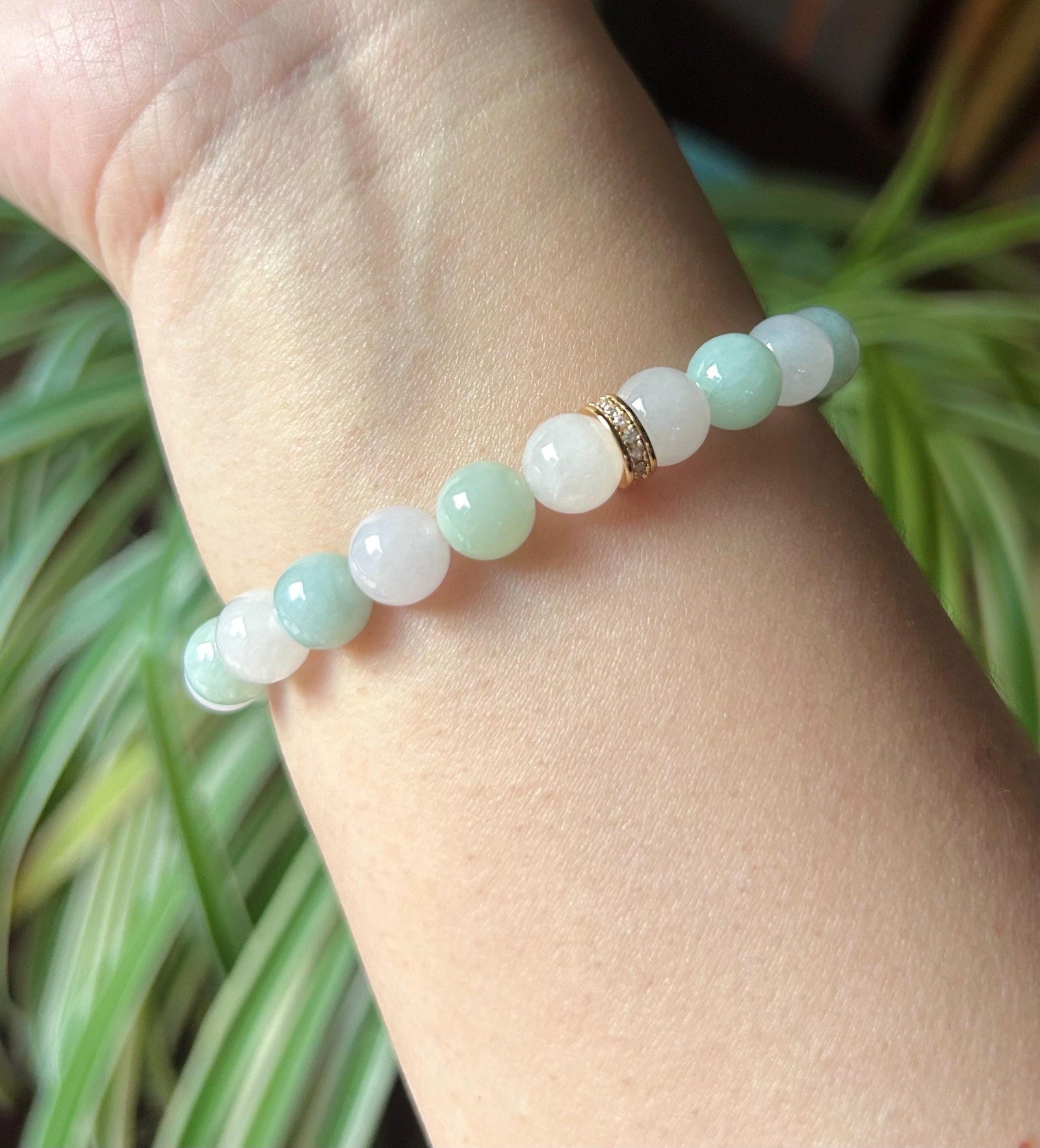 Jadeite Jade Beaded Bracelet Jewelry Gift for Her Natural Burmese Untreated Type A Icy Translucent Apple Green & White 8.8mm Jade Bracelet