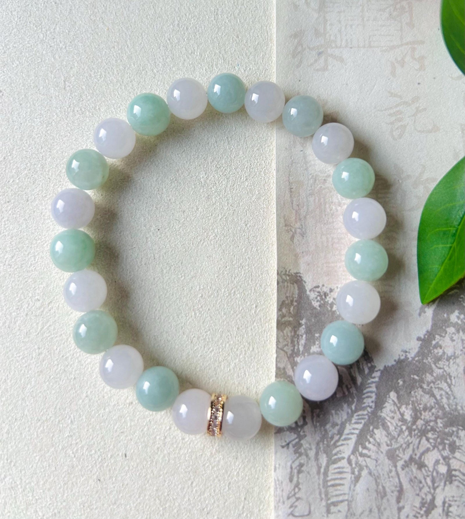 Jadeite Jade Beaded Bracelet Jewelry Gift for Her Natural Burmese Untreated Type A Icy Translucent Apple Green & White 8.8mm Jade Bracelet