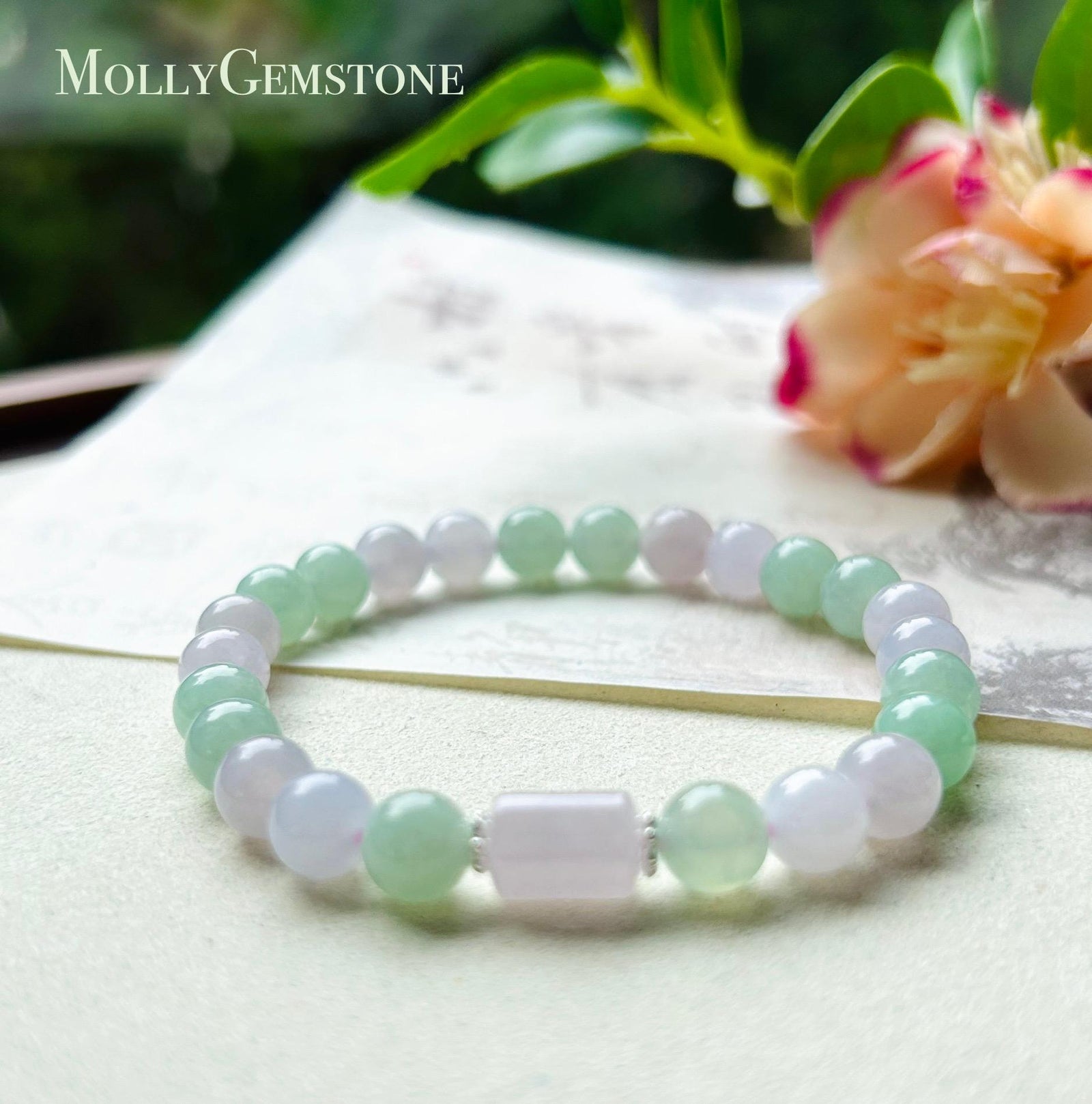 Jadeite Jade Beaded Bracelet Handmade Jewelry Gift for Her Natural Burmese Type A Icy Highly Translucent Apple Green & Pinkish Purple 7mm