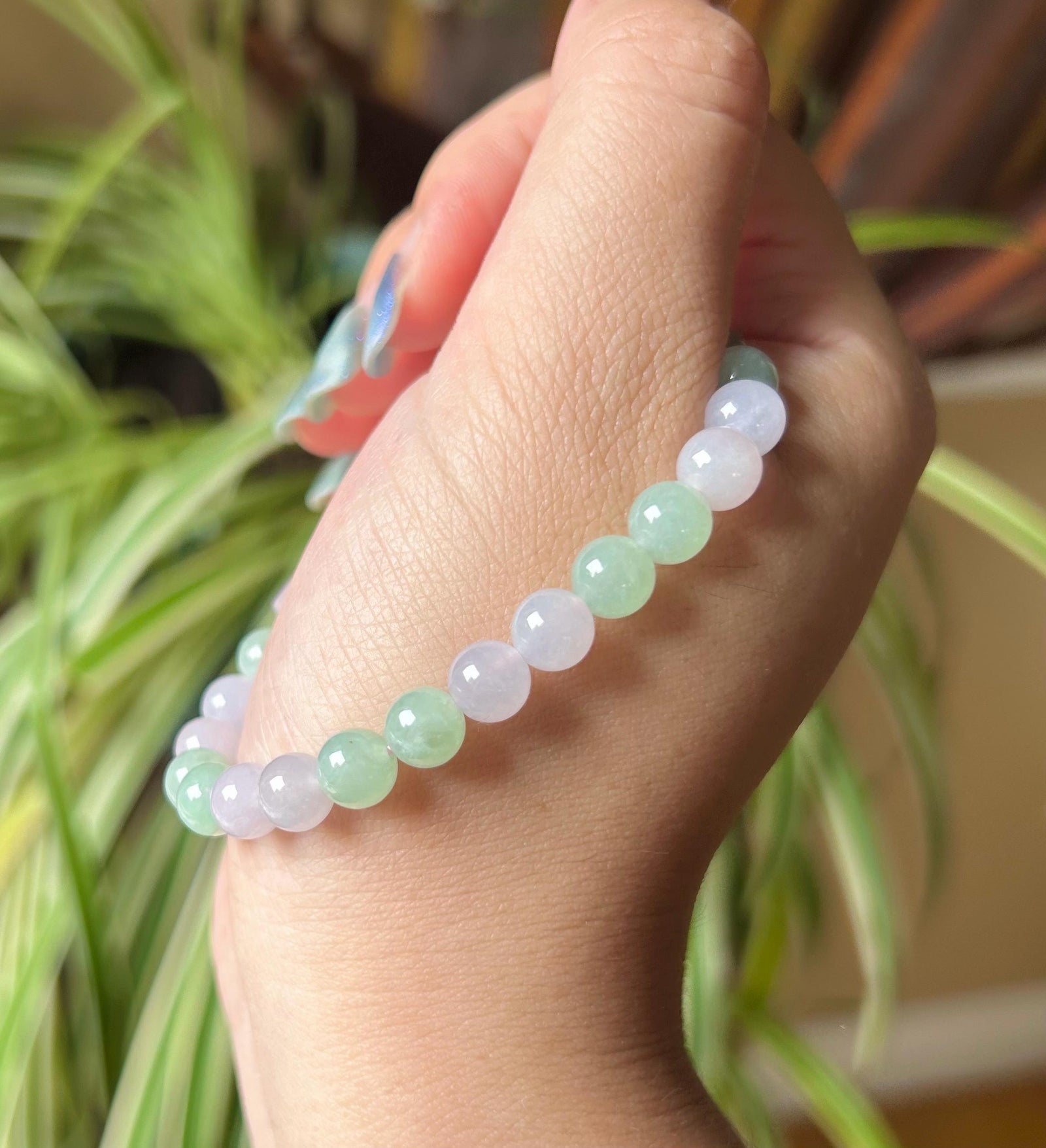 Jadeite Jade Beaded Bracelet Handmade Jewelry Gift for Her Natural Burmese Type A Icy Highly Translucent Apple Green & Pinkish Purple 7mm