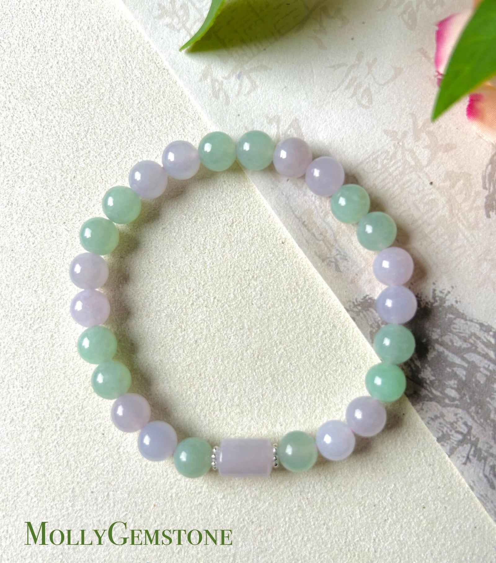 Jadeite Jade Beaded Bracelet Handmade Jewelry Gift for Her Natural Burmese Type A Icy Highly Translucent Apple Green & Pinkish Purple 7mm