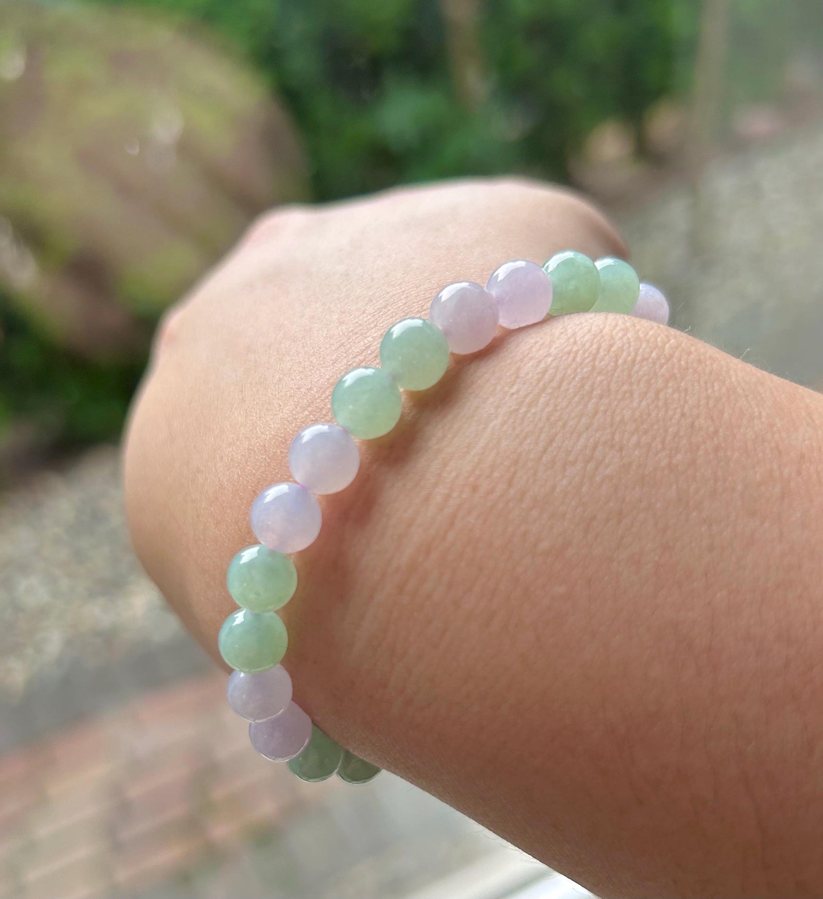 Jadeite Jade Beaded Bracelet Handmade Jewelry Gift for Her Natural Burmese Type A Icy Highly Translucent Apple Green & Pinkish Purple 7mm