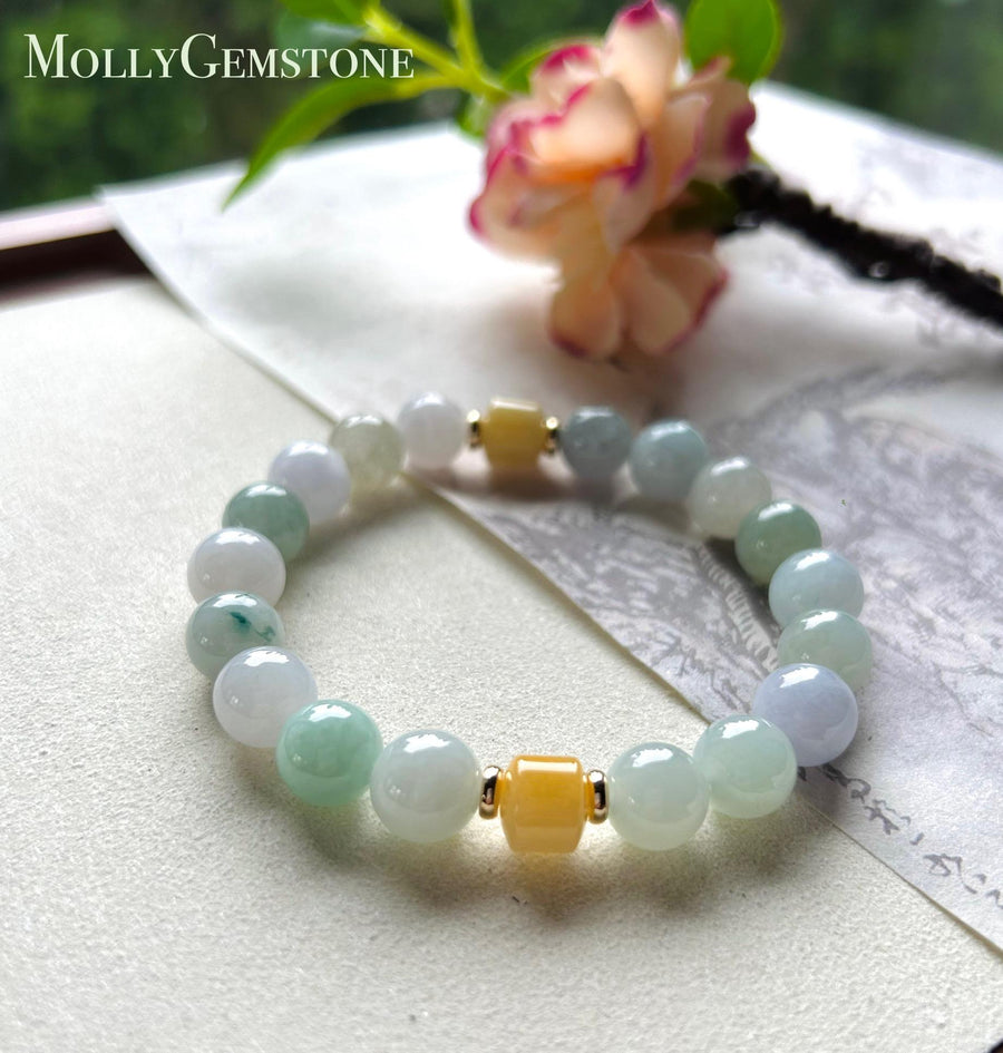 Jadeite Jade Beaded Bracelet Handmade Jewelry Gift for Her Natural Untreated Burmese Type A Icy Translucent Jadeite MultiColor FeiCui 9.8mm