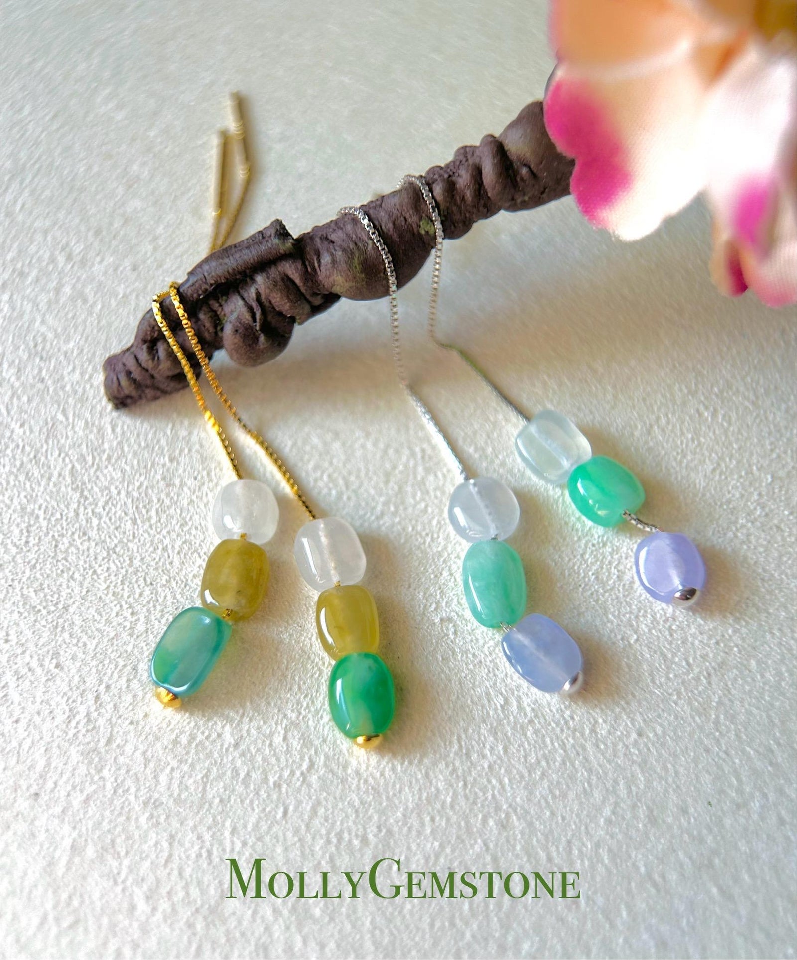 Burmese Jadeite Threader Earrings: Natural Type A Highly Translucent Multicolor Jade, Sterling Silver, Adjustable Length