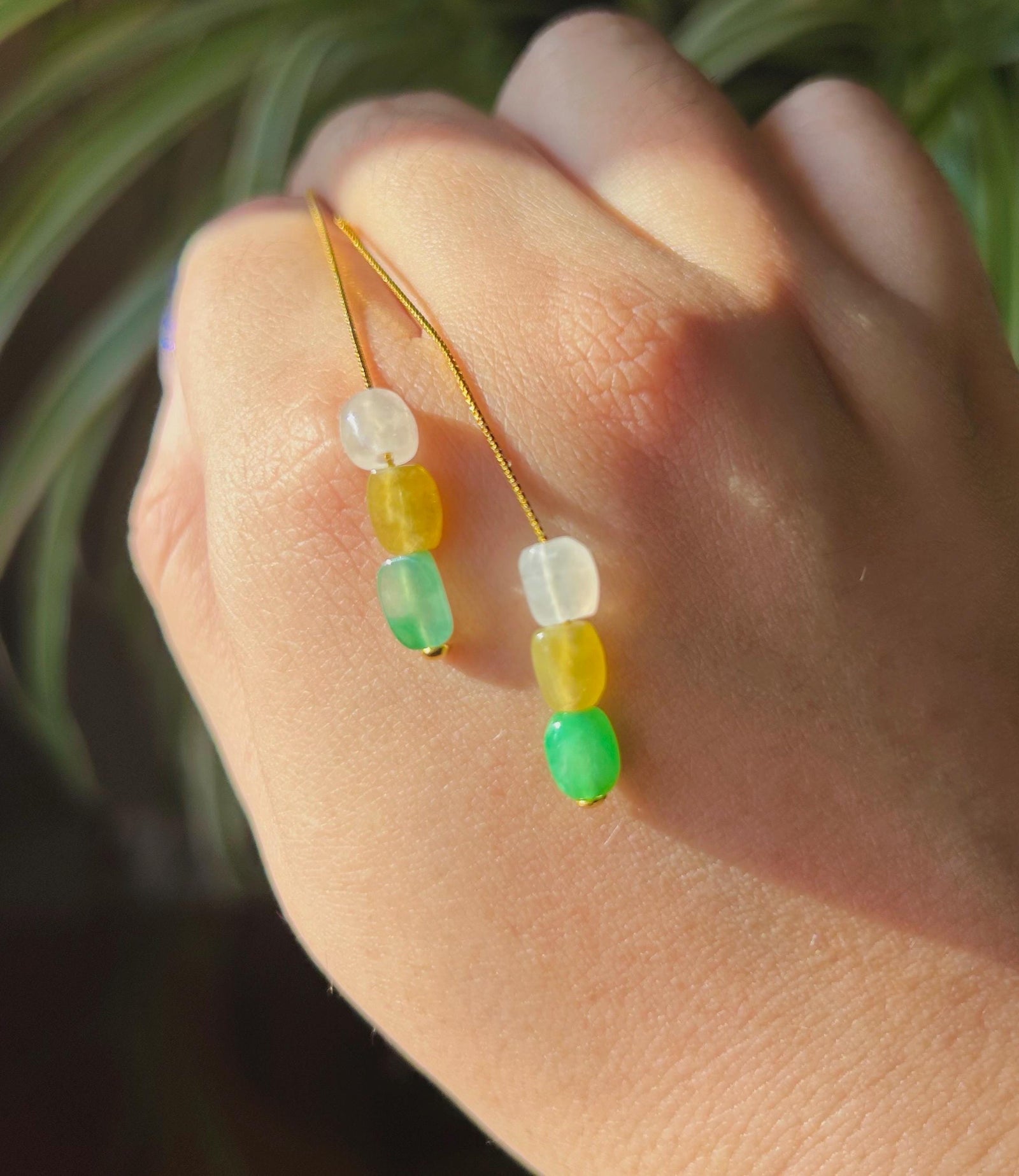 Burmese Jadeite Threader Earrings: Natural Type A Highly Translucent Multicolor Jade, Sterling Silver, Adjustable Length