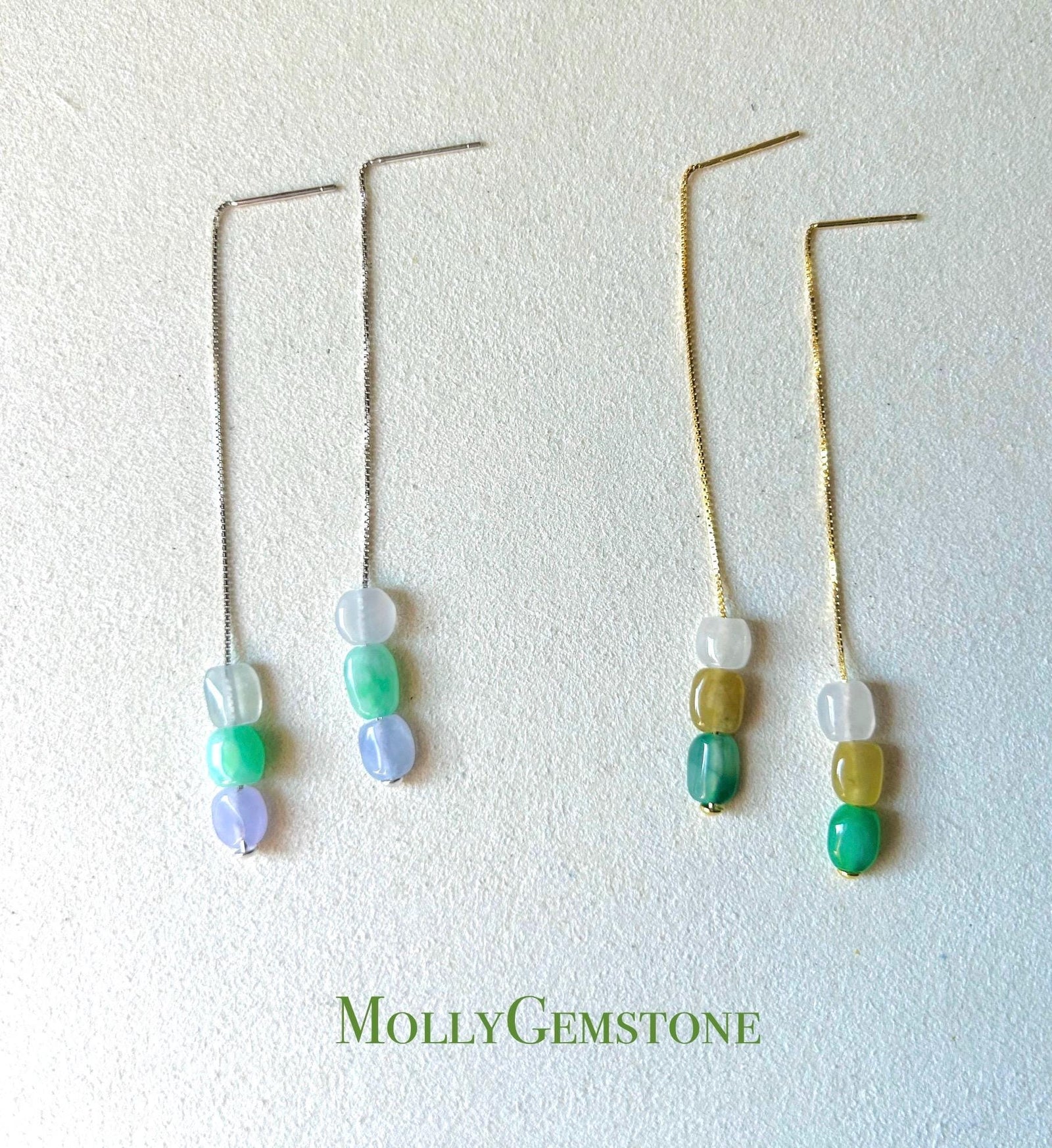 Burmese Jadeite Threader Earrings: Natural Type A Highly Translucent Multicolor Jade, Sterling Silver, Adjustable Length
