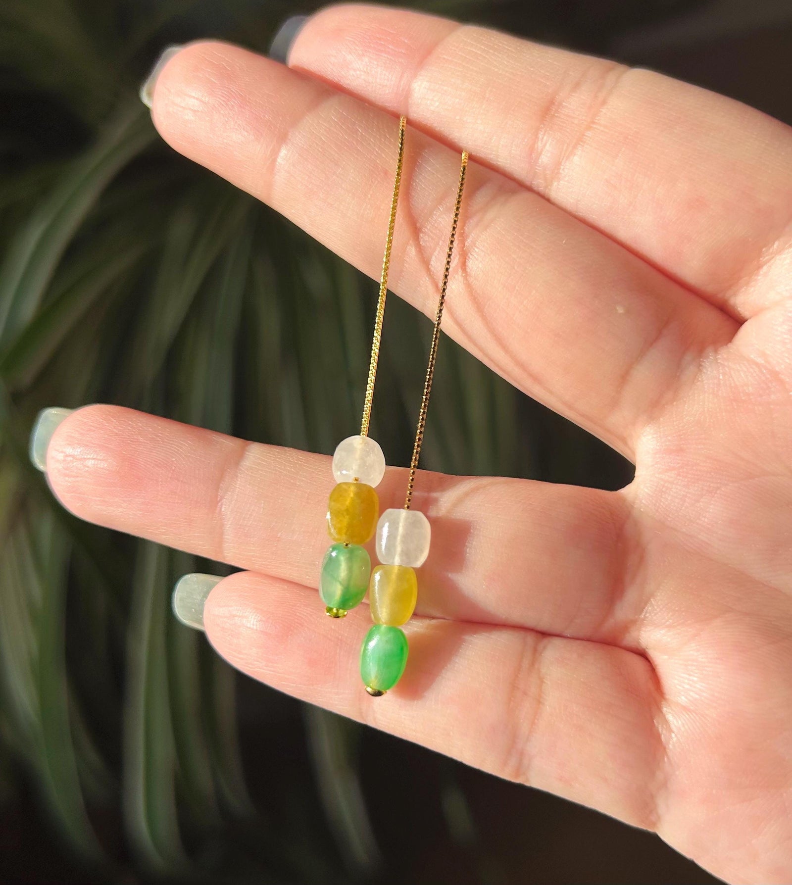 Burmese Jadeite Threader Earrings: Natural Type A Highly Translucent Multicolor Jade, Sterling Silver, Adjustable Length