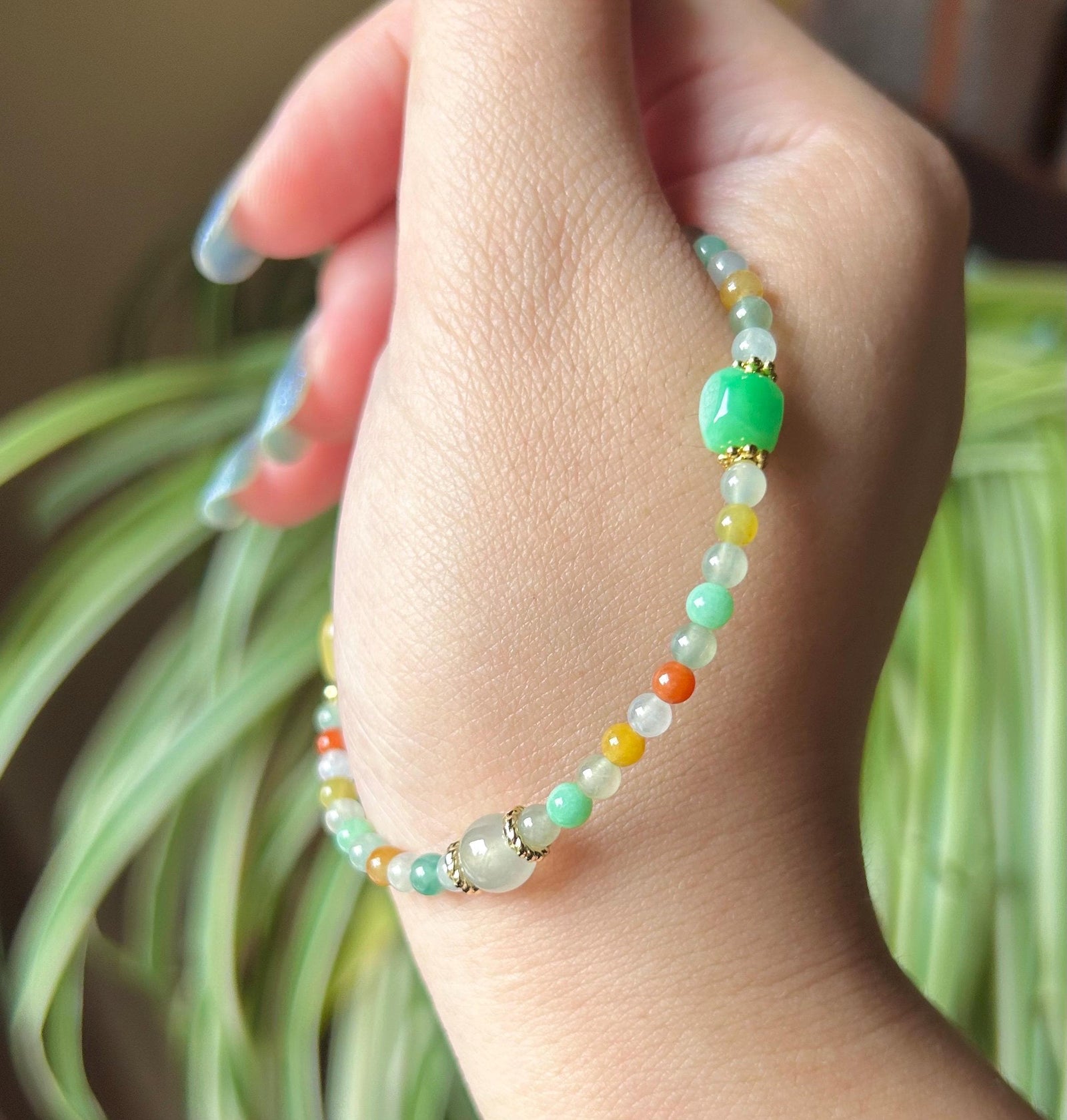 Burmese Jadeite Beaded Bracelet: Sterling Silver, Natural Type A Icy Highly Translucent Multicolor Jade Jewelry
