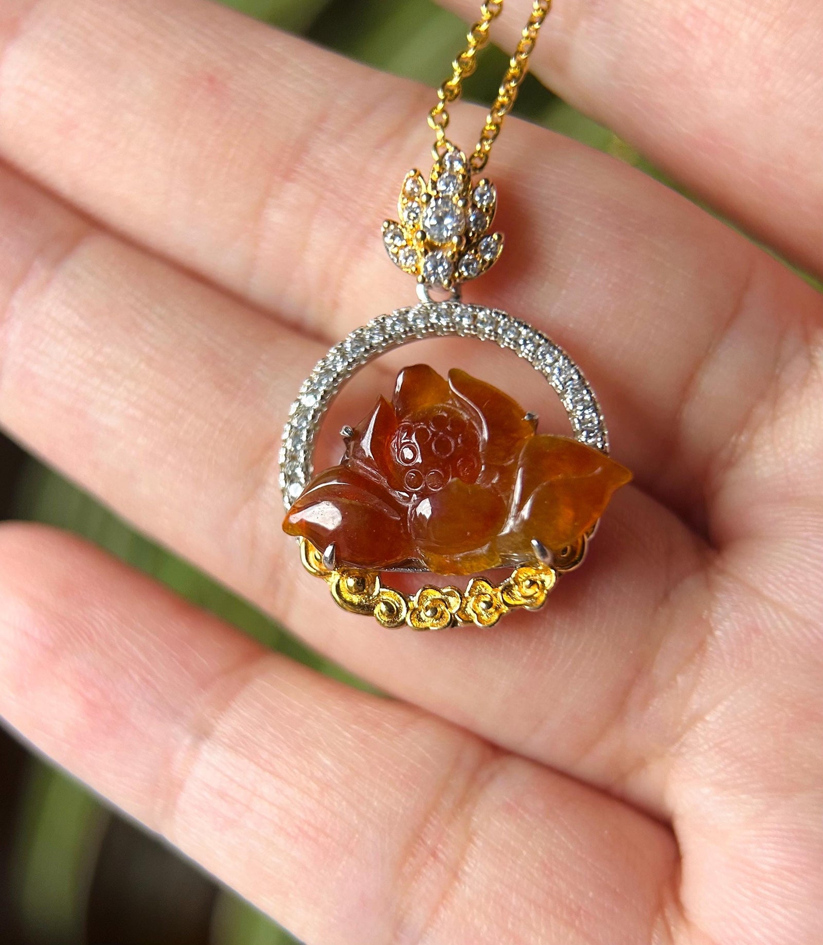 Certified Natural Red Jadeite Lotus Flower Sterling Silver Pendant Necklace Burmese Type A Icy Highly Translucent Jade Unheated