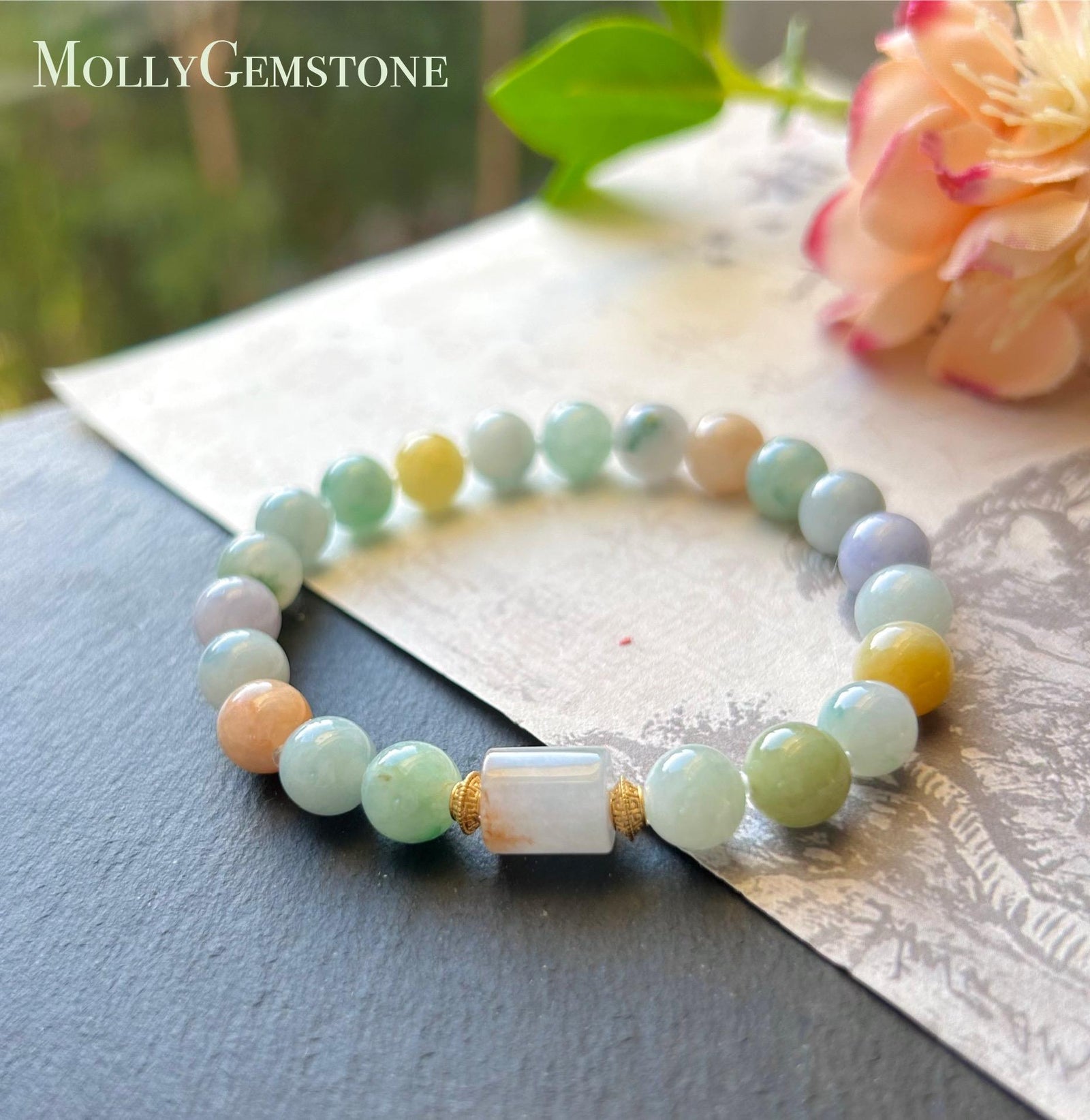 Natural Jadeite Beaded Bracelet Burmese Type A Icy Translucent RARE Multicolor Floral 8mm Jade Mid-Autumn Festival Gift