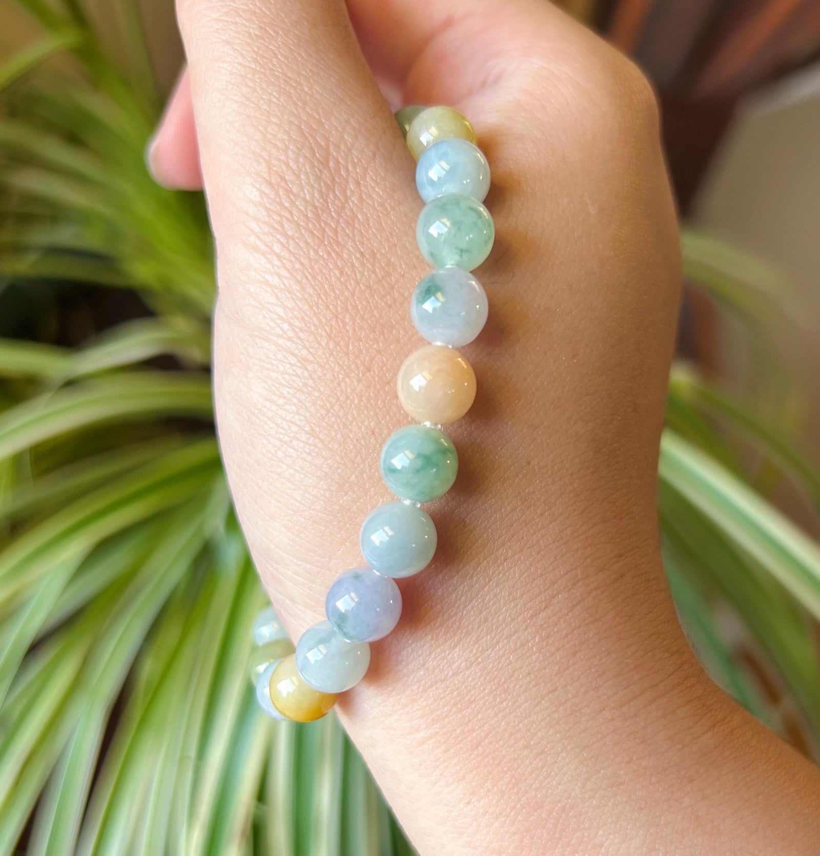 Natural Jadeite Beaded Bracelet Burmese Type A Icy Translucent RARE Multicolor Floral 8mm Jade Mid-Autumn Festival Gift
