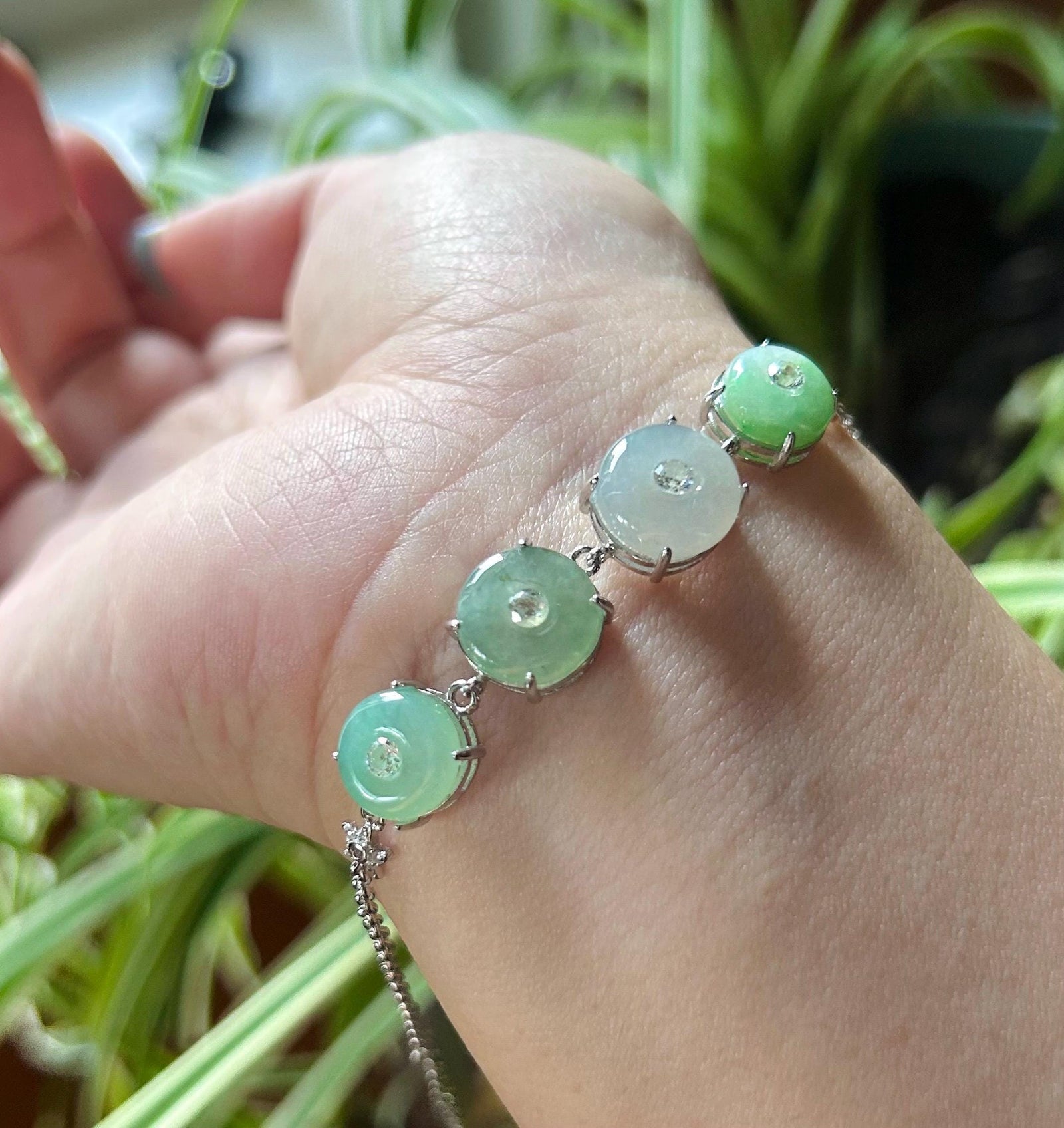 Natural Jadeite Lucky Donut Sterling Silver Bracelet Burmese Type A Highly Translucent Icy Green Jade