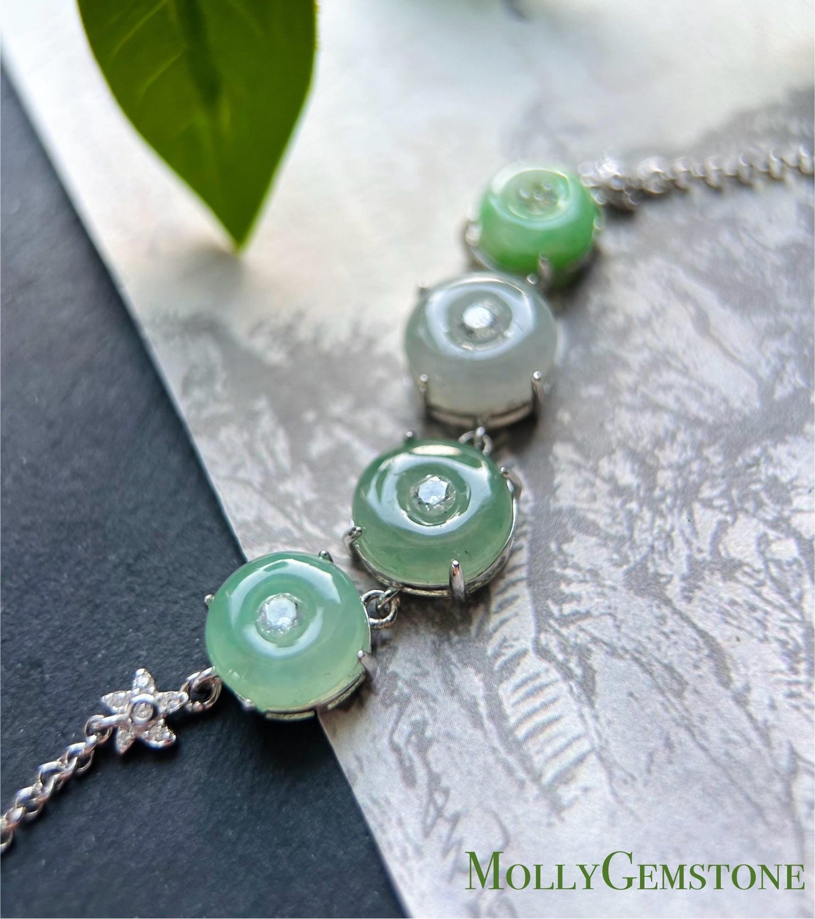 Natural Jadeite Lucky Donut Sterling Silver Bracelet Burmese Type A Highly Translucent Icy Green Jade
