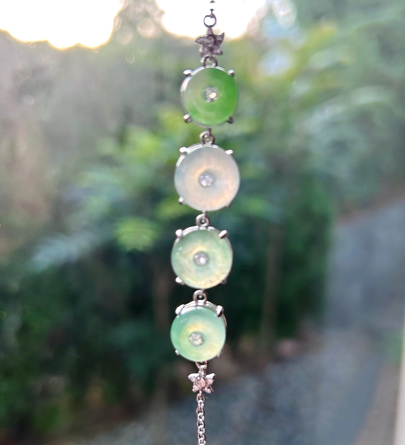 Natural Jadeite Lucky Donut Sterling Silver Bracelet Burmese Type A Highly Translucent Icy Green Jade