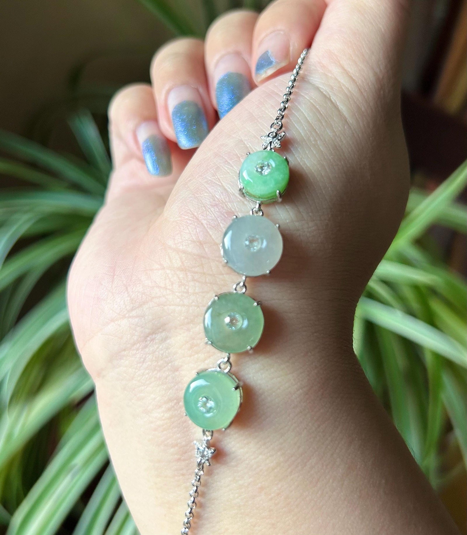 Natural Jadeite Lucky Donut Sterling Silver Bracelet Burmese Type A Highly Translucent Icy Green Jade