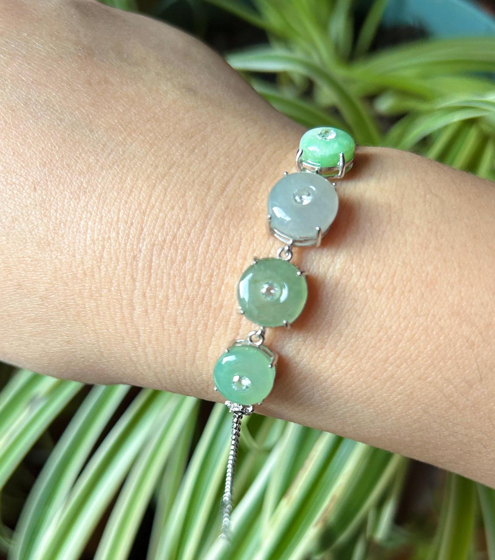 Natural Jadeite Lucky Donut Sterling Silver Bracelet Burmese Type A Highly Translucent Icy Green Jade