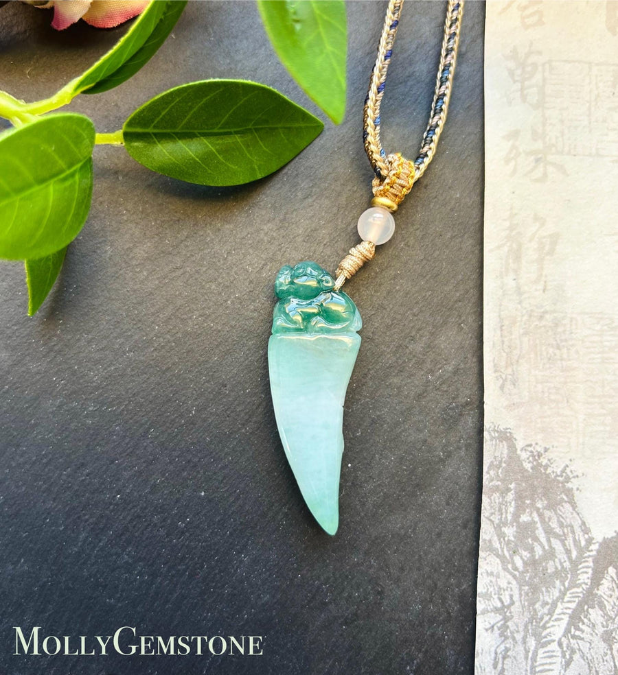 Jadeite Lion’s Fang Pendant Jewelry Handwoven Adjustable Necklace Natural Burmese Type A Translucent Icy Green Jade