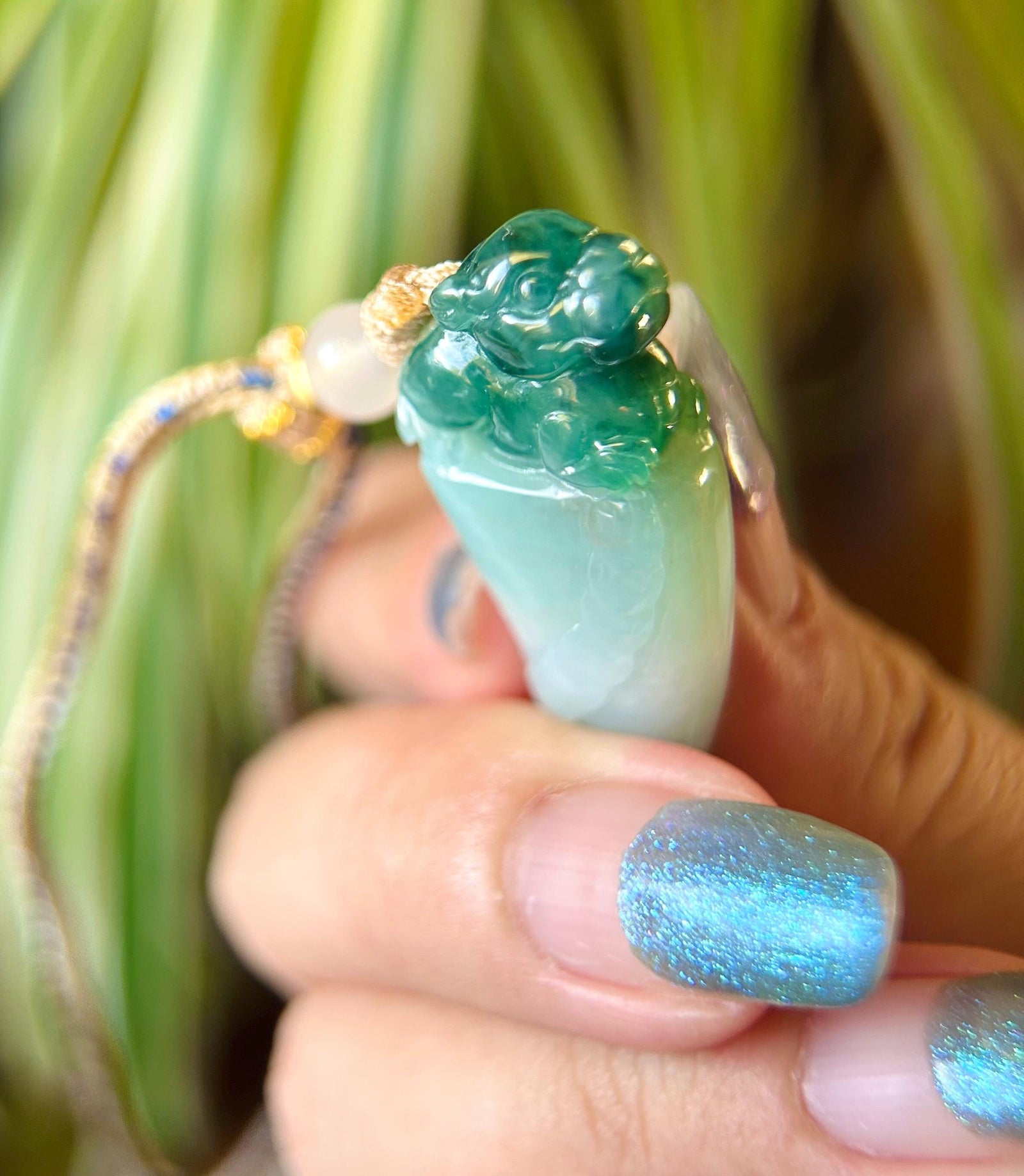 Jadeite Lion’s Fang Pendant Jewelry Handwoven Adjustable Necklace Natural Burmese Type A Translucent Icy Green Jade