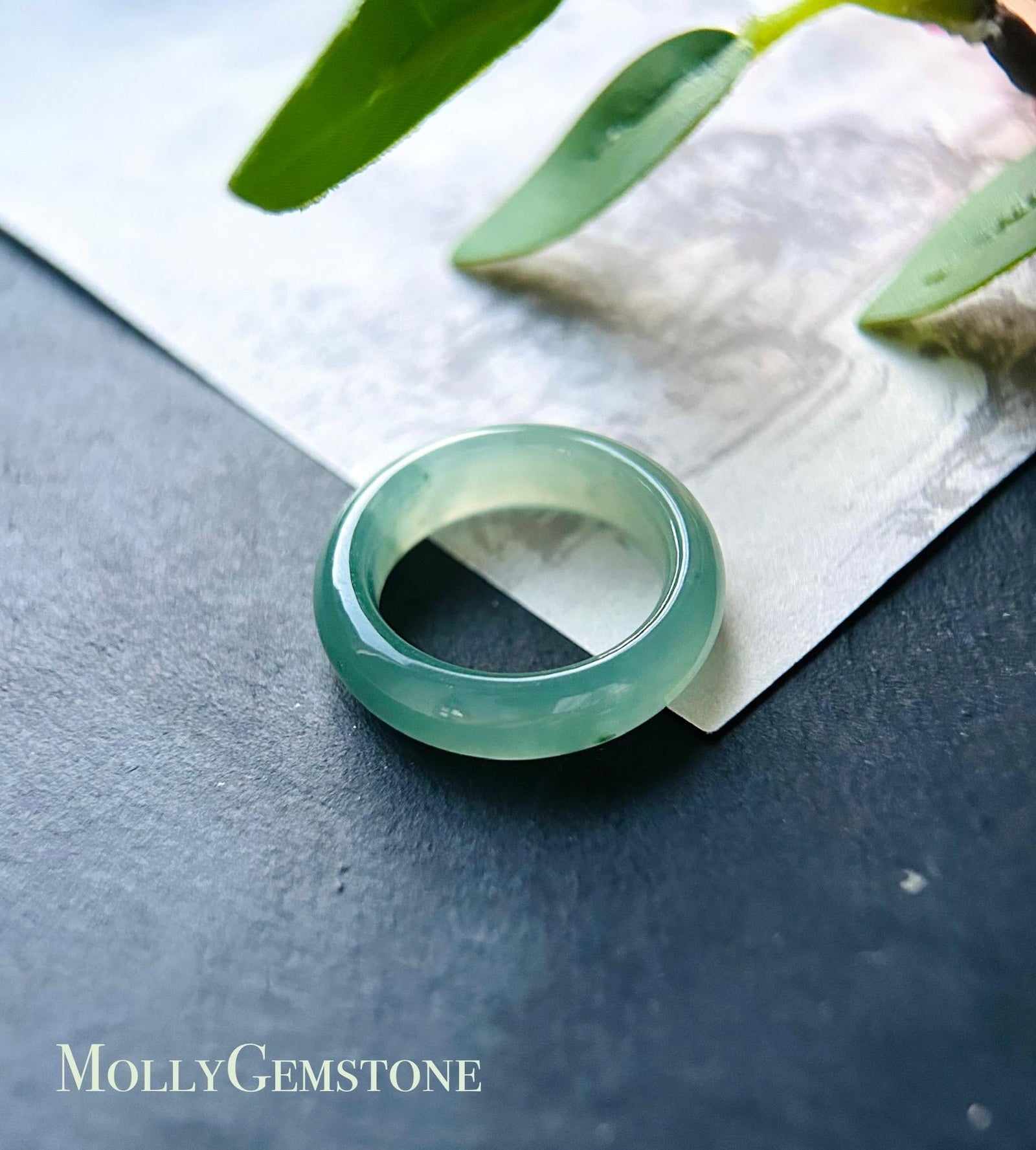 Icy Clear Water Green Burmese Jadeite Ring - Natural Type A Myanmar Jade Band US Size-8