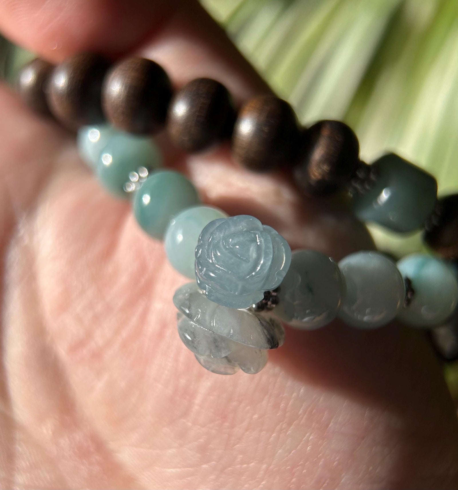 Icy Blue Floral Jadeite Beaded Stacked Bracelet - Natural Burmese Type A Jade & Agarwood, Sterling Silver