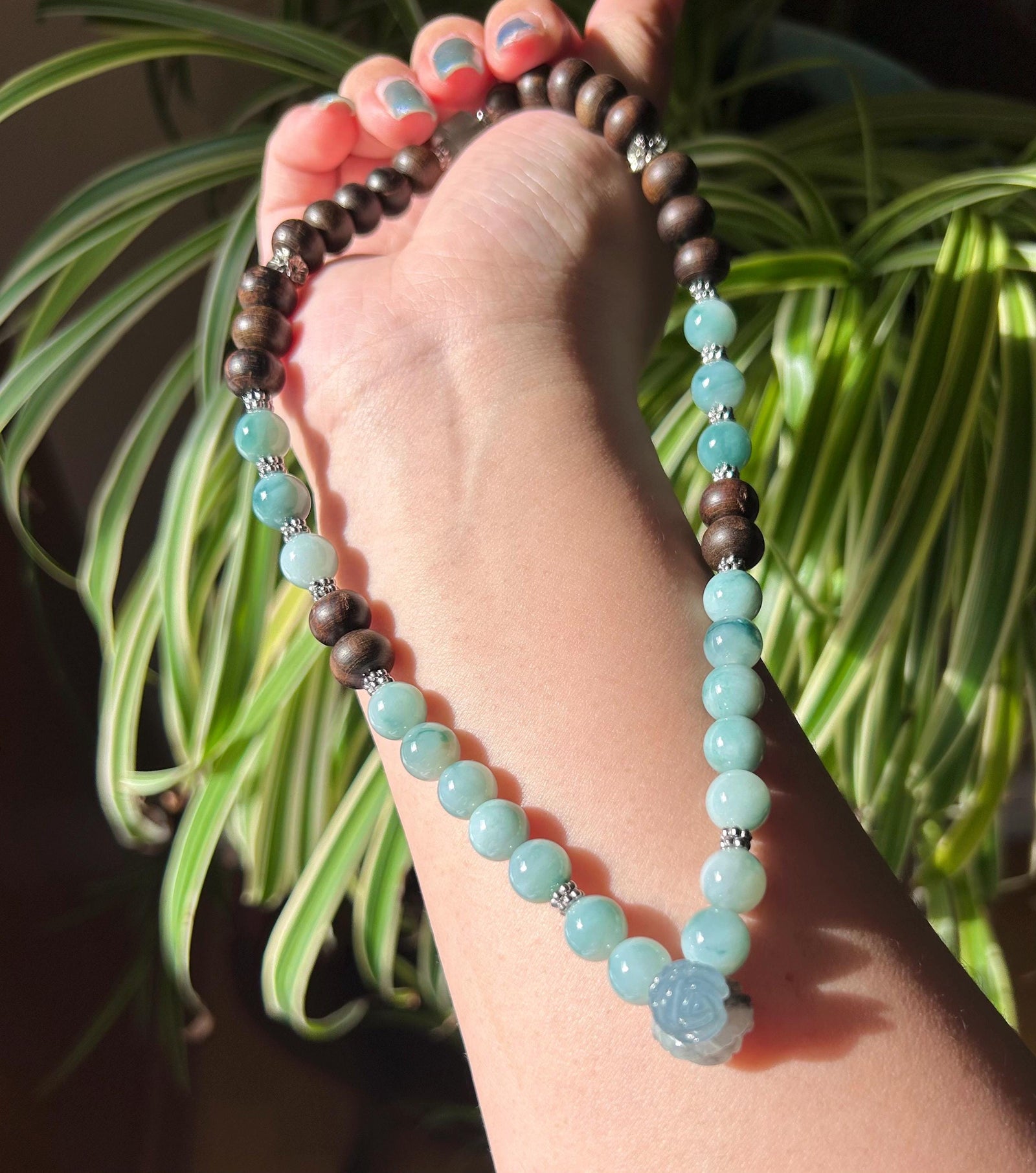 Icy Blue Floral Jadeite Beaded Stacked Bracelet - Natural Burmese Type A Jade & Agarwood, Sterling Silver