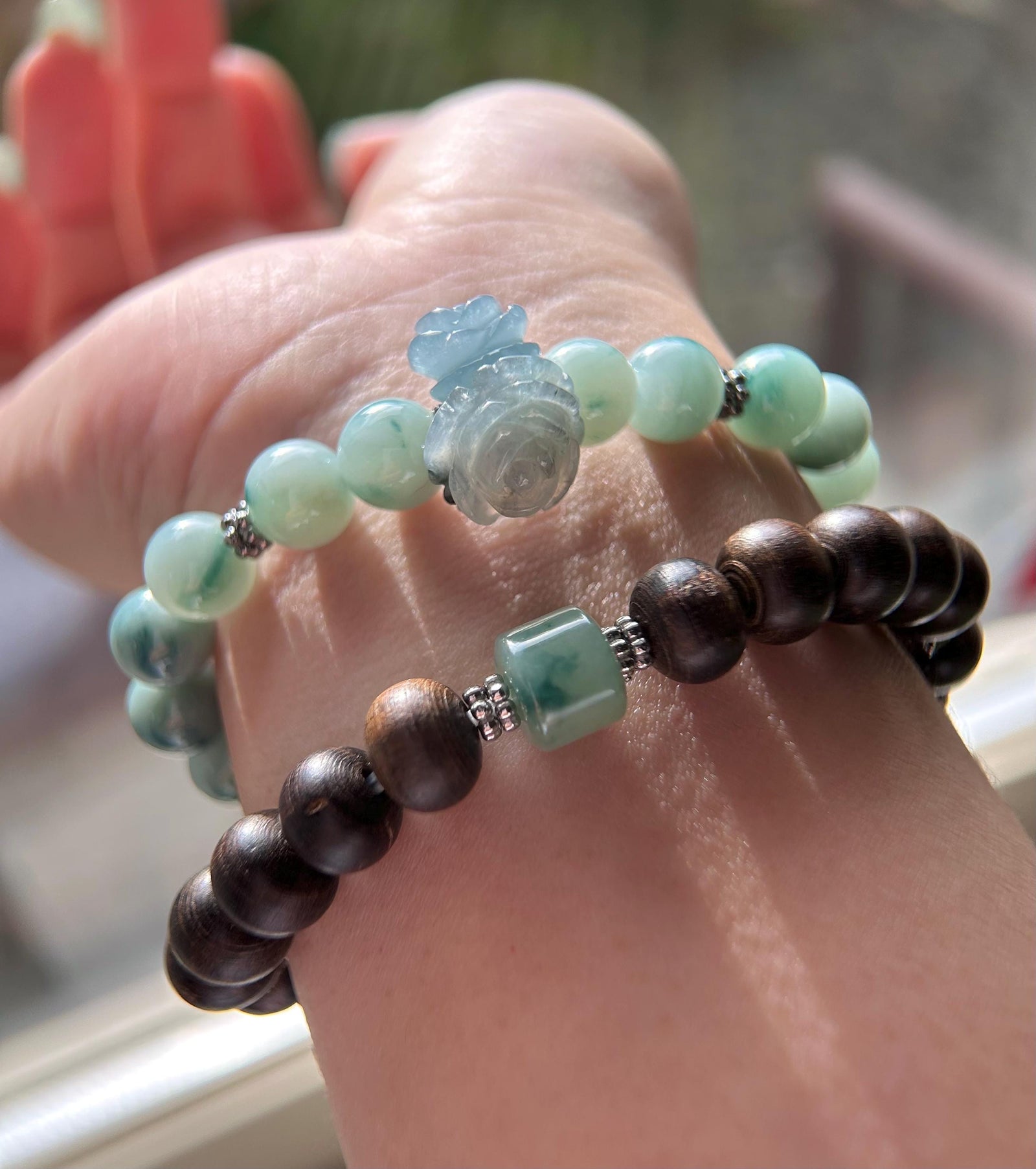 Icy Blue Floral Jadeite Beaded Stacked Bracelet - Natural Burmese Type A Jade & Agarwood, Sterling Silver