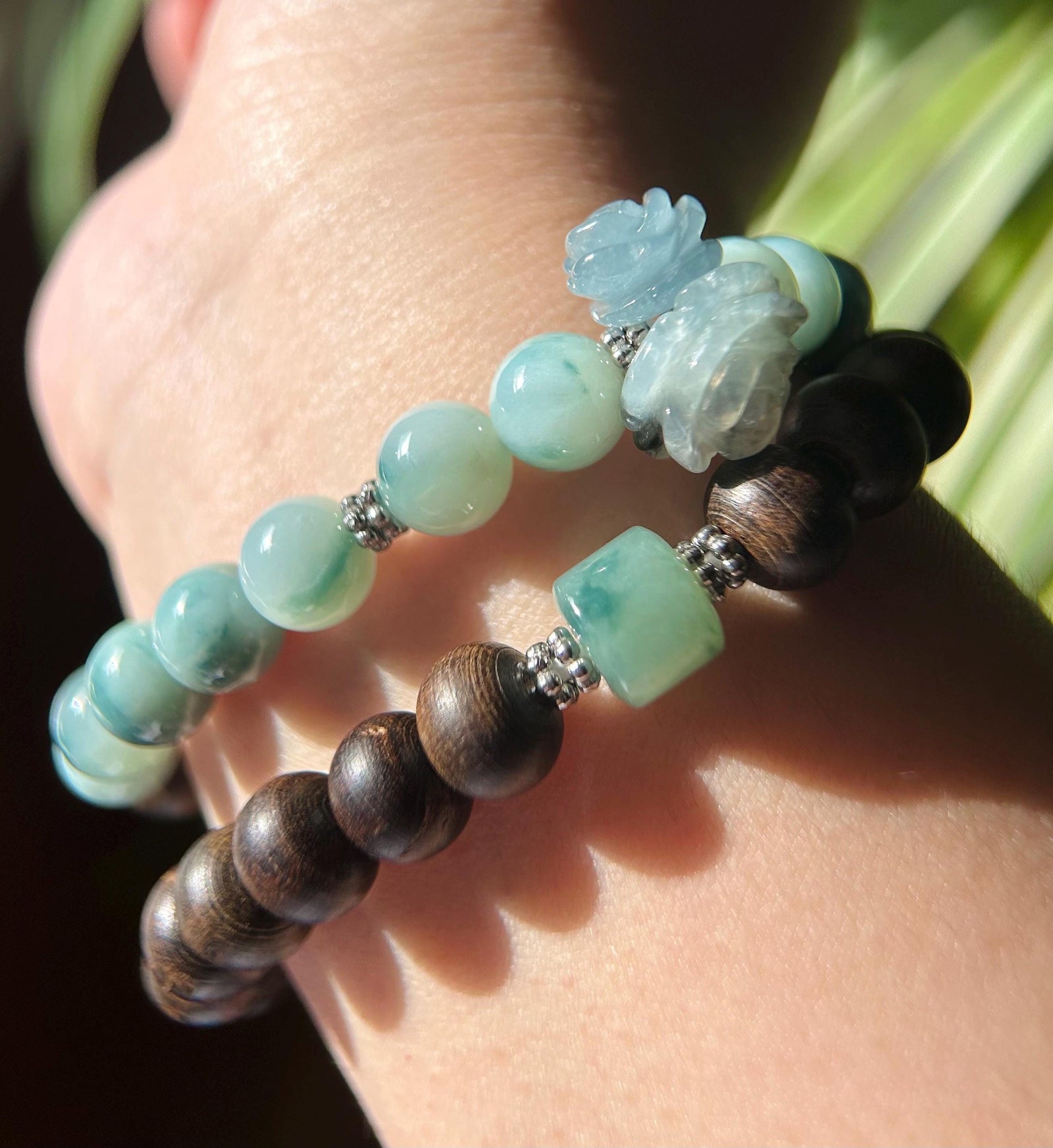 Icy Blue Floral Jadeite Beaded Stacked Bracelet - Natural Burmese Type A Jade & Agarwood, Sterling Silver