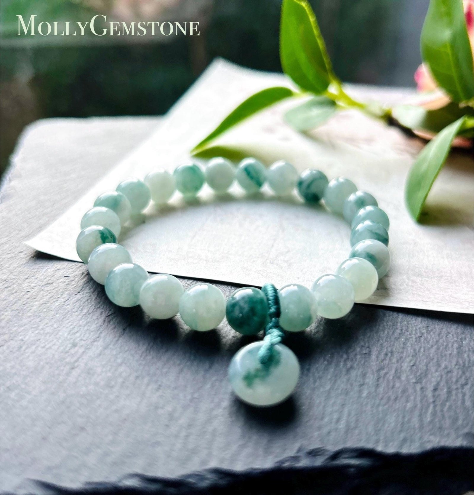 Jadeite Beaded Bracelet Jewelry - Natural Burmese Type A Icy Highly Translucent Blue Green Floral Jade 8mm with Lucky Donut Charm