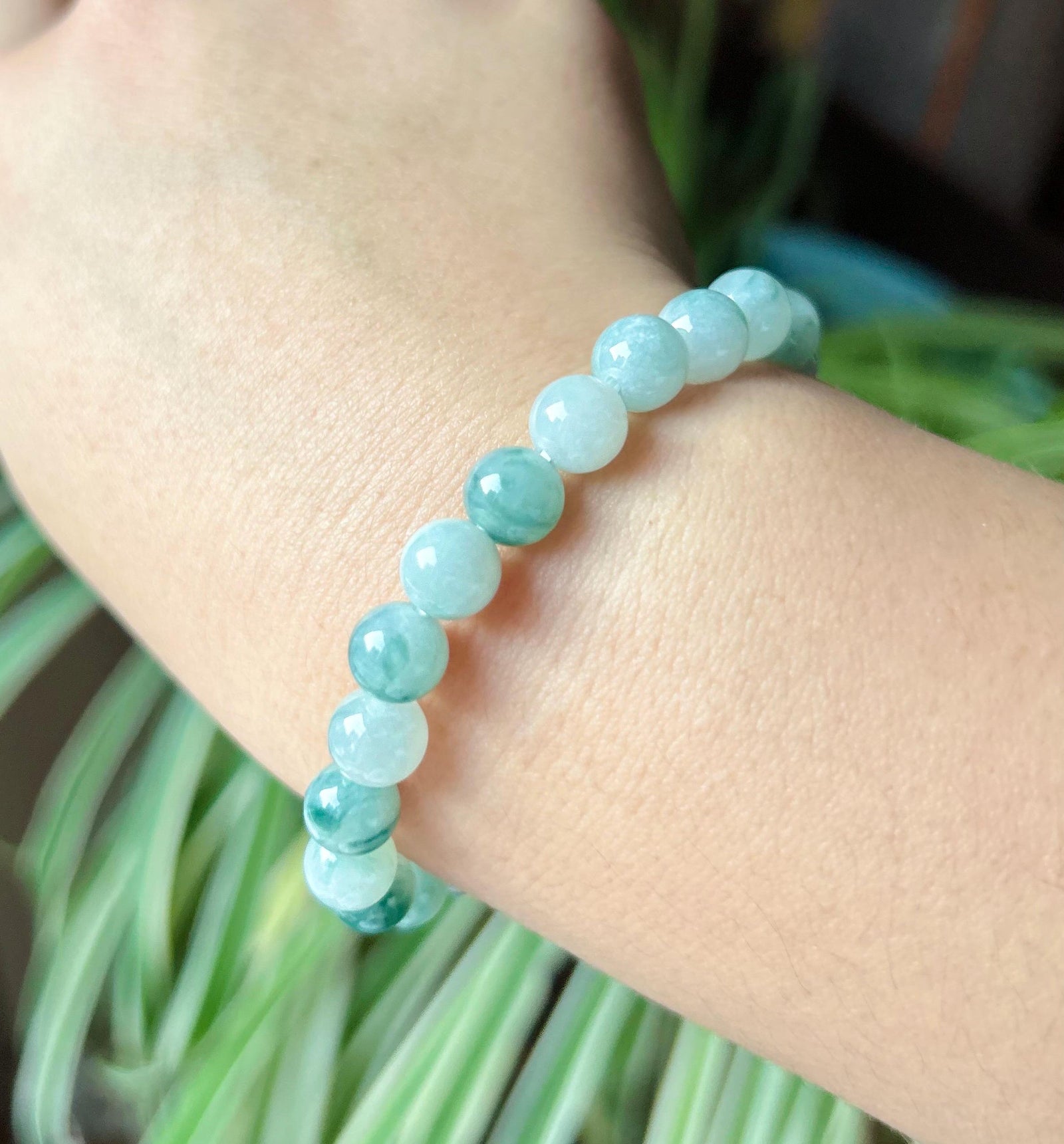Jadeite Beaded Bracelet Jewelry - Natural Burmese Type A Icy Highly Translucent Blue Green Floral Jade 8mm with Lucky Donut Charm