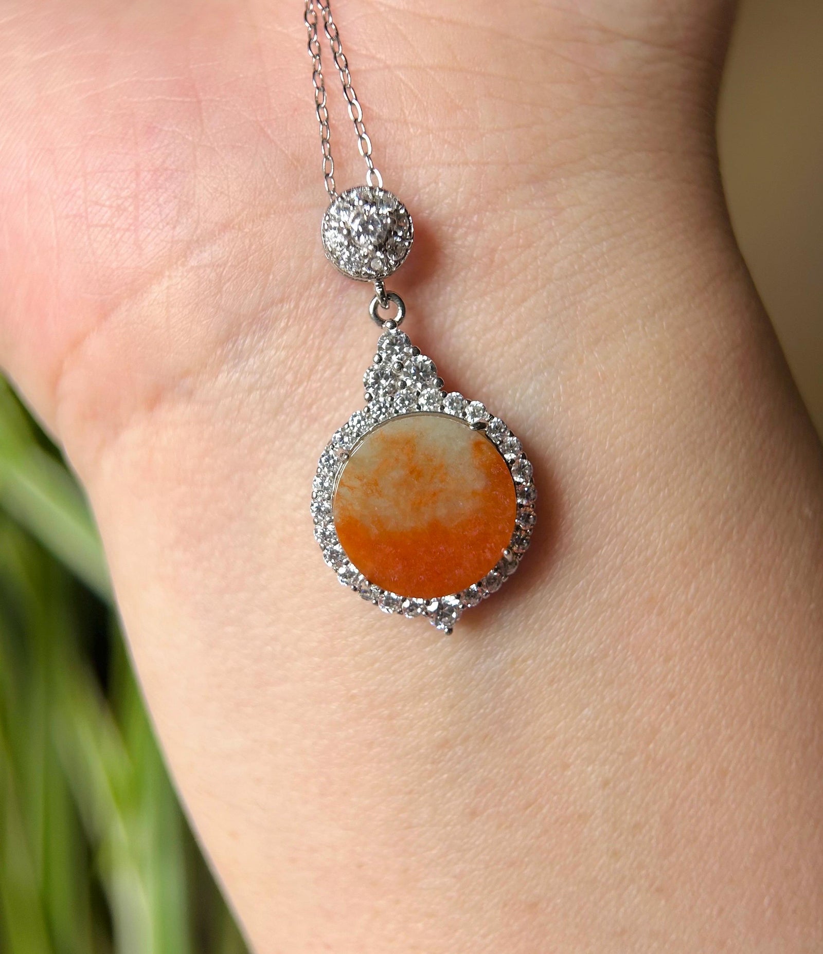 Natural Jadeite & Sterling Silver Pendant Burmese Type A RARE Icy Translucent Pumpkin Color Peace Plaque Orange Jade Halloween Gift