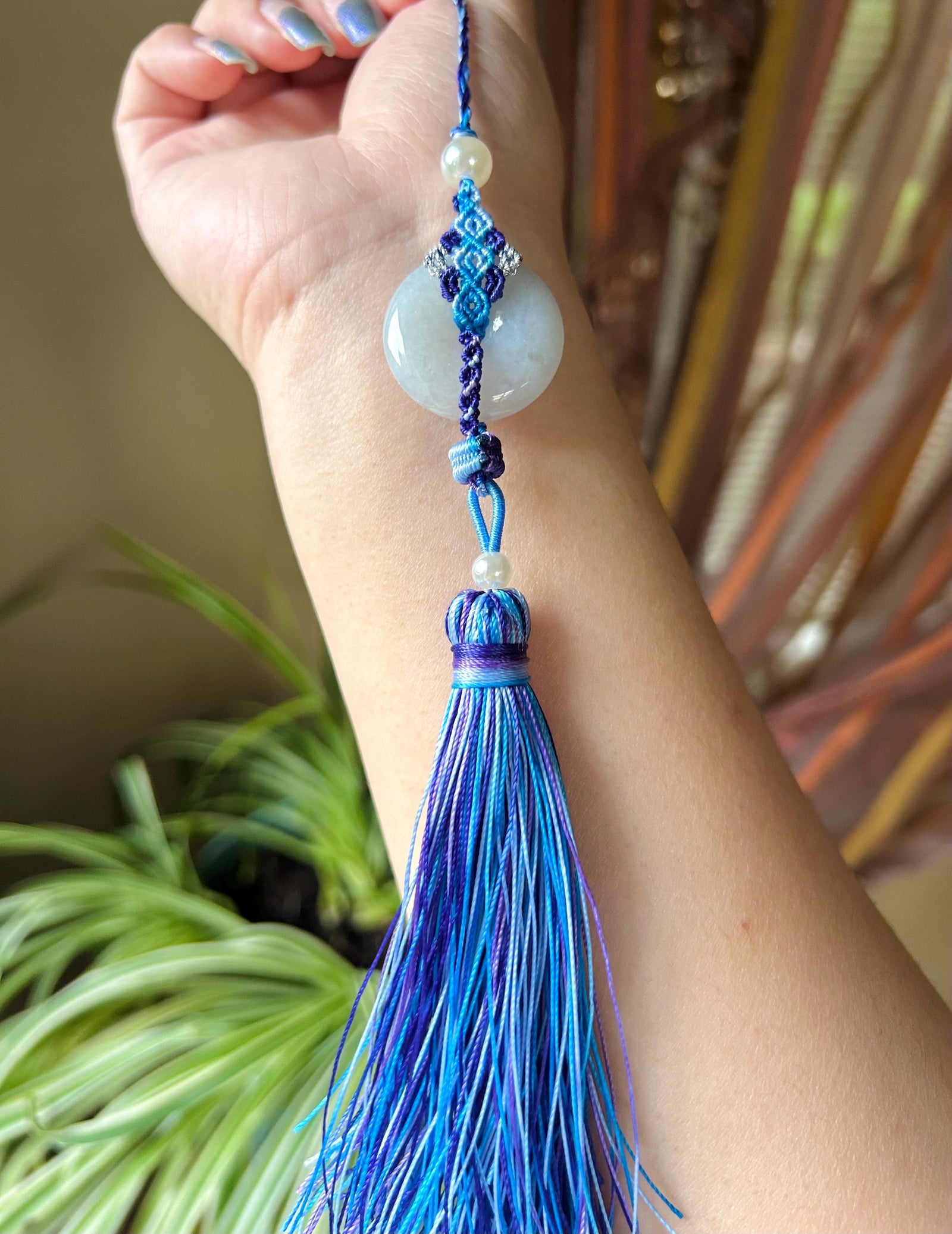 Natural Jadeite Handwoven Purse/Car Charm Burmese Type A Icy Green or White Jade Protection Amulet