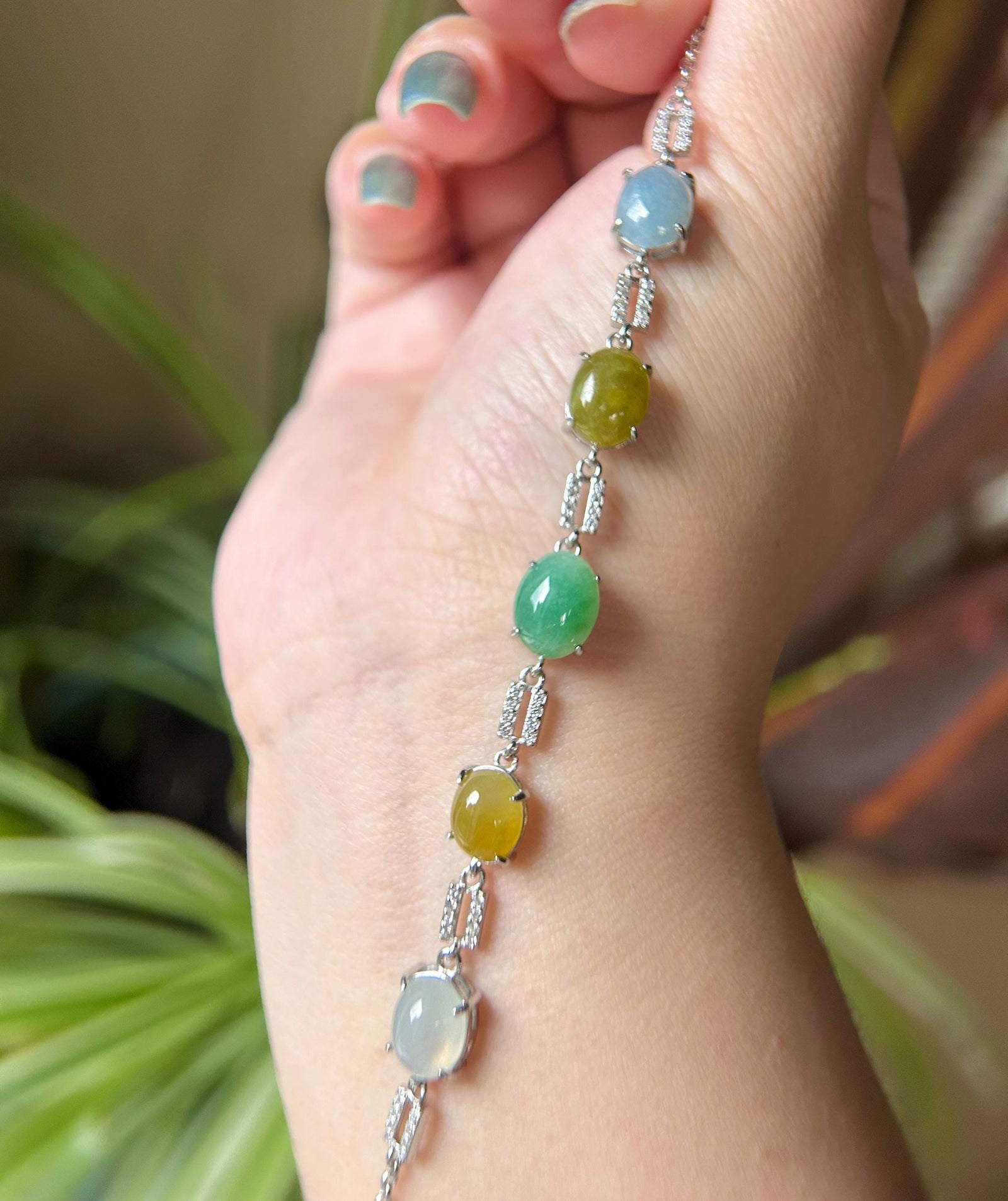 Natural Jadeite & Sterling Silver Bracelet Jewelry Burmese Type A Icy Highly Translucent Multicolor Jade