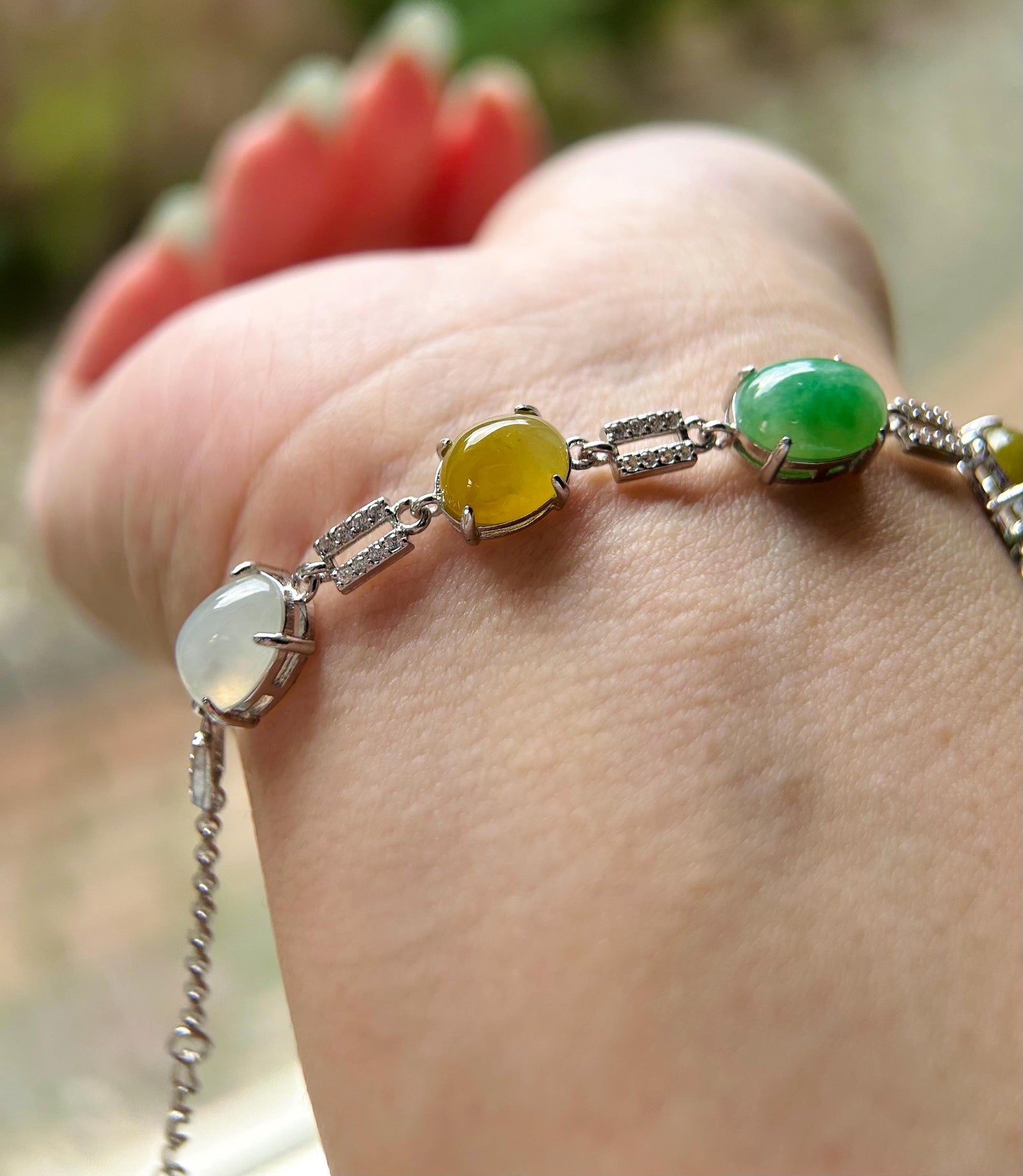 Natural Jadeite & Sterling Silver Bracelet Jewelry Burmese Type A Icy Highly Translucent Multicolor Jade