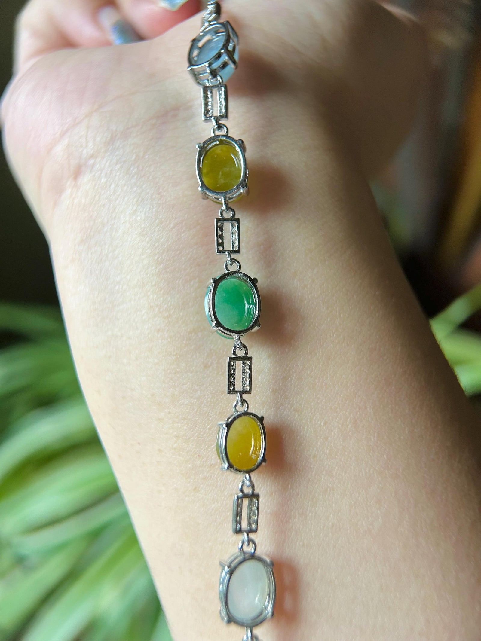 Natural Jadeite & Sterling Silver Bracelet Jewelry Burmese Type A Icy Highly Translucent Multicolor Jade