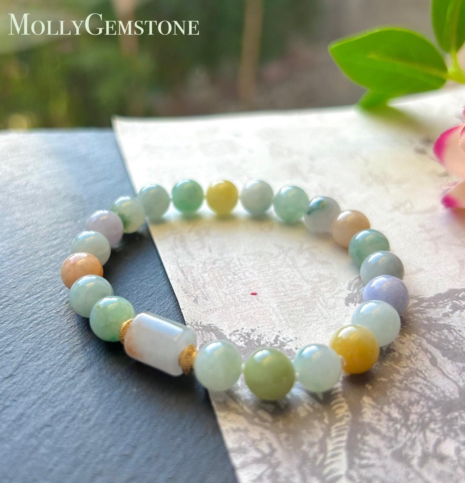 Natural Jadeite Beaded Bracelet Burmese Type A Icy Translucent RARE Multicolor Floral 8mm Jade Mid-Autumn Festival Gift