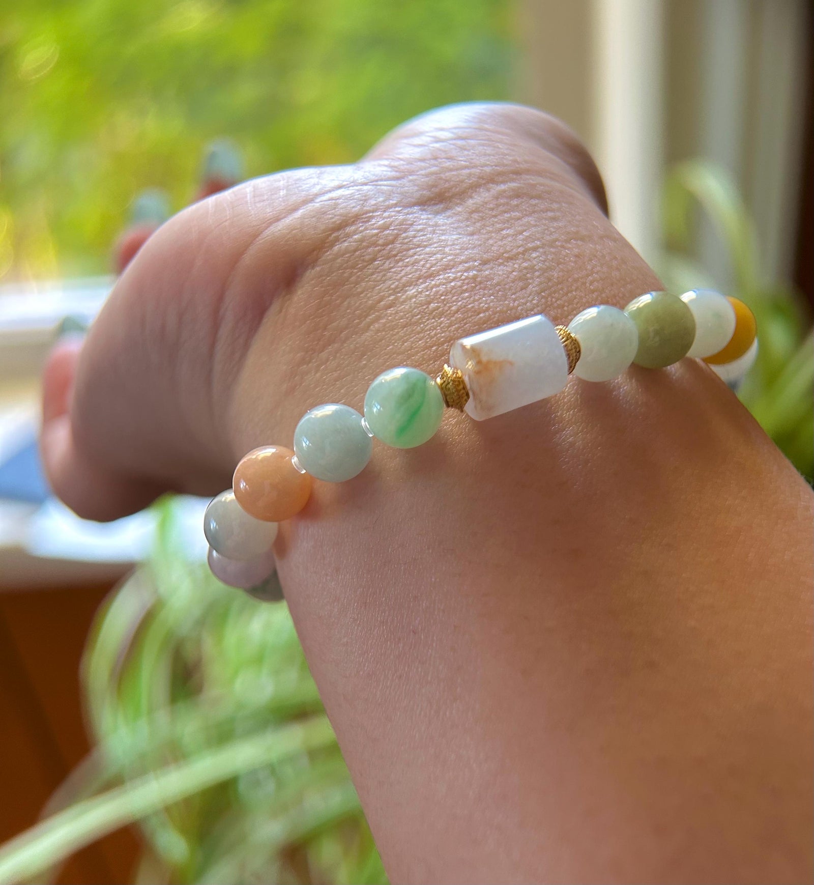 Natural Jadeite Beaded Bracelet Burmese Type A Icy Translucent RARE Multicolor Floral 8mm Jade Mid-Autumn Festival Gift