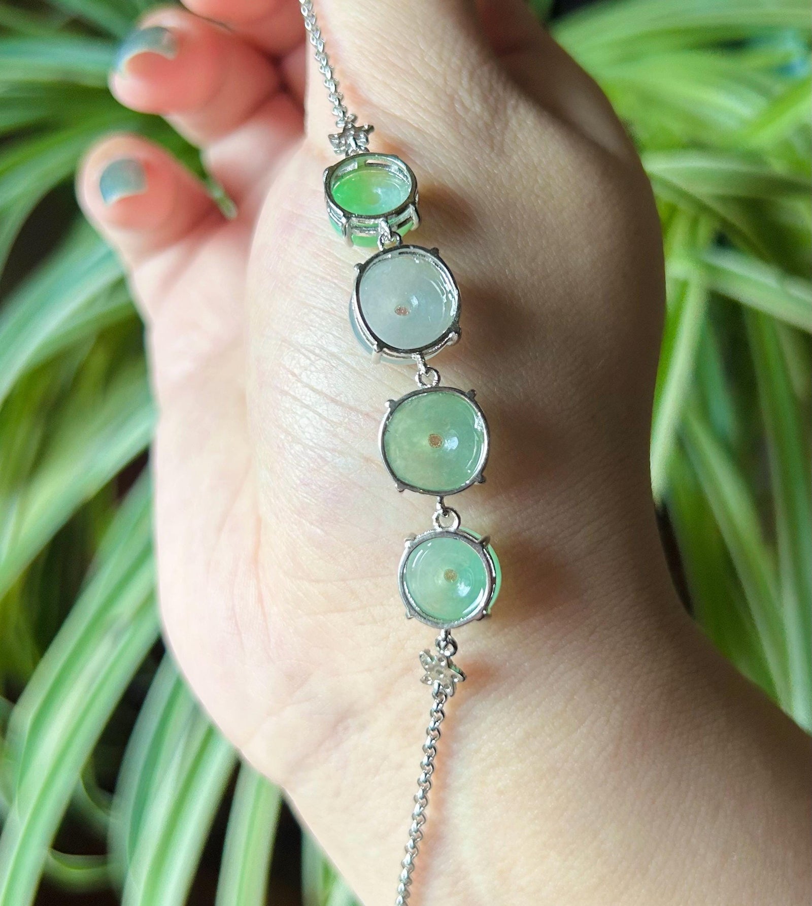 Natural Jadeite Lucky Donut Sterling Silver Bracelet Burmese Type A Highly Translucent Icy Green Jade