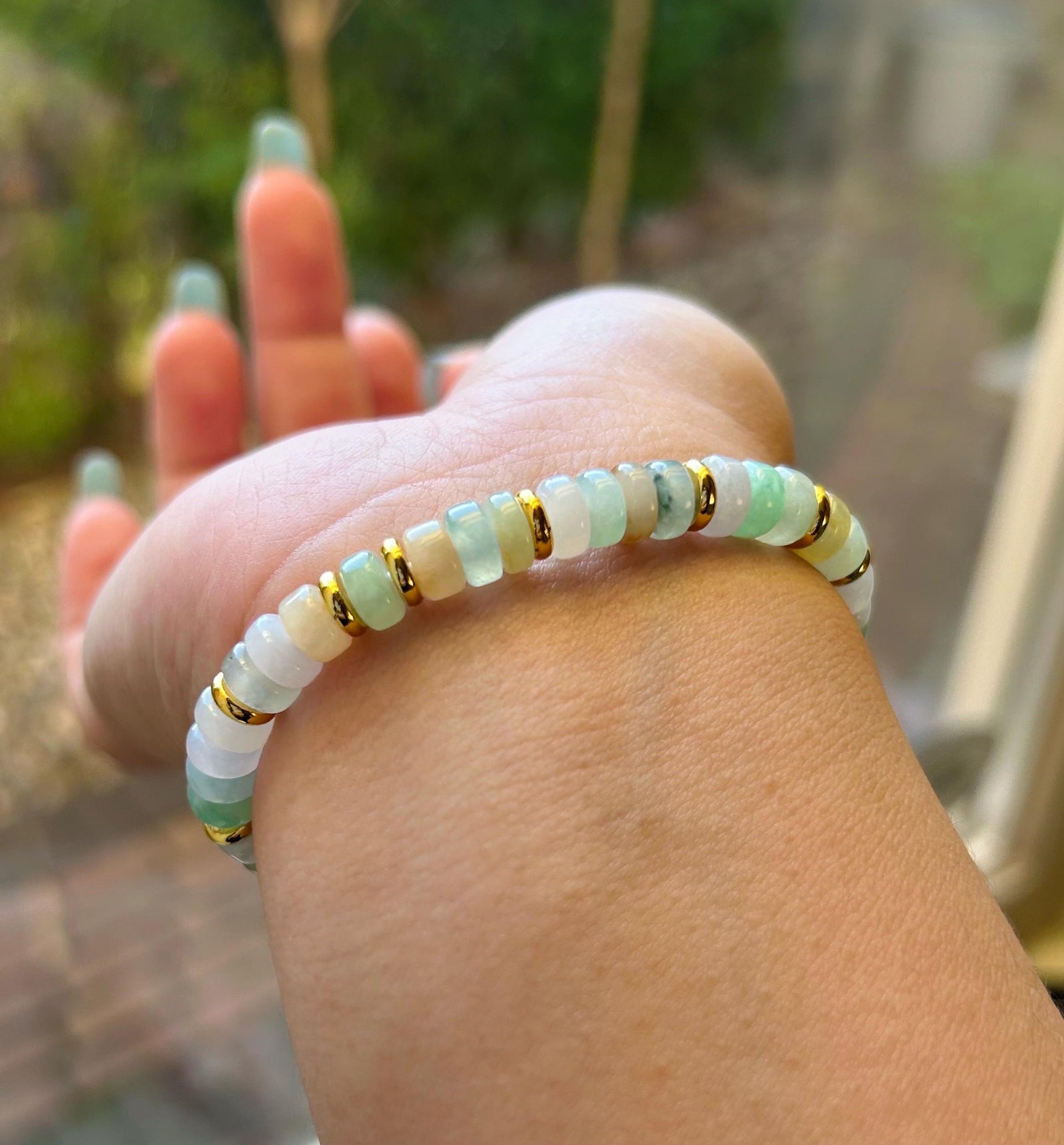 Natura Jadeite Beaded Bracelet Burmese Type A Icy Highly Translucent Multicolor Jade 7mm