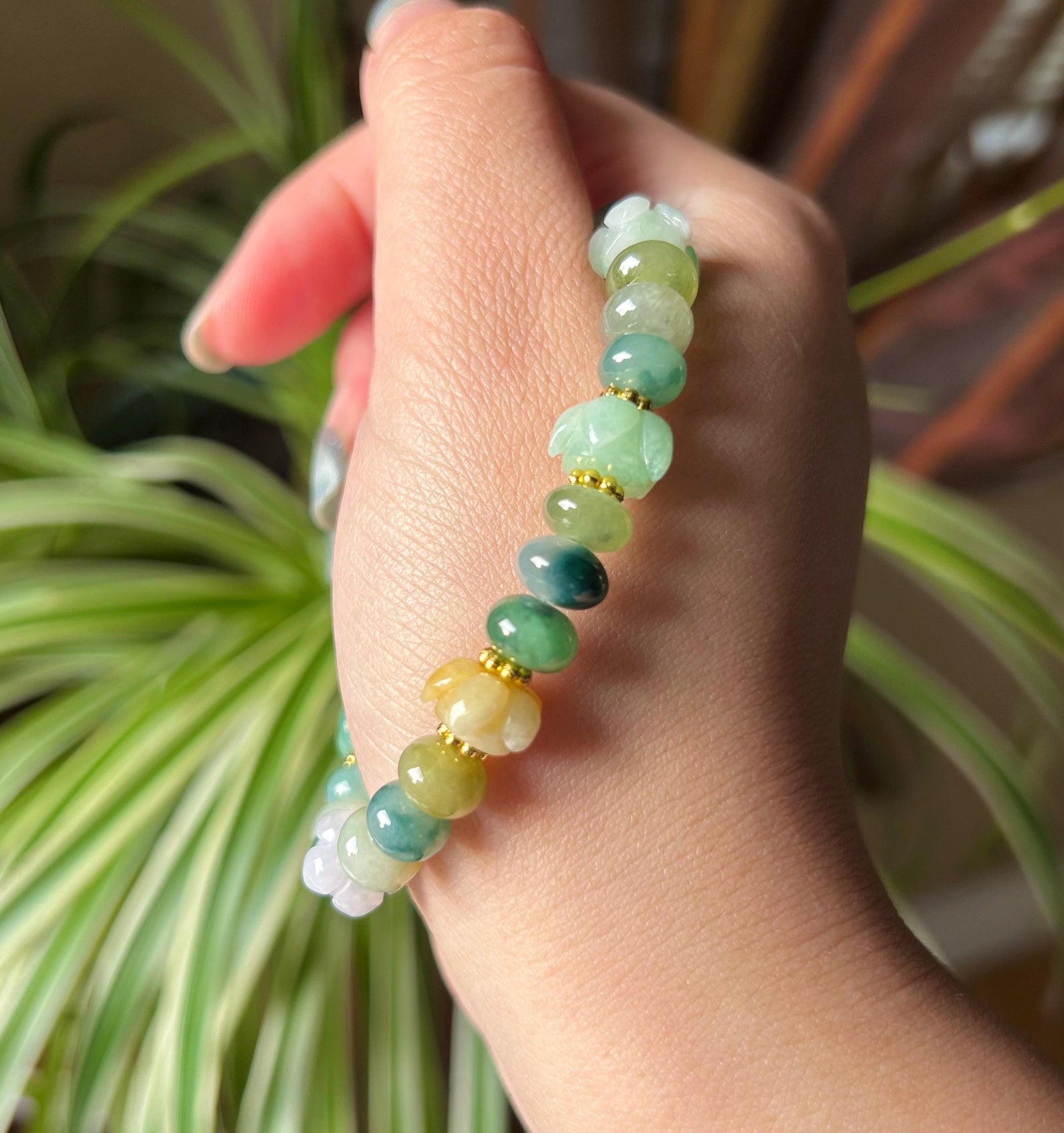 Natural Jadeite Beaded Bracelet Handmade Jewelry Burmese Type A Icy Translucent Autumn Multicolor Jade 8.5mm