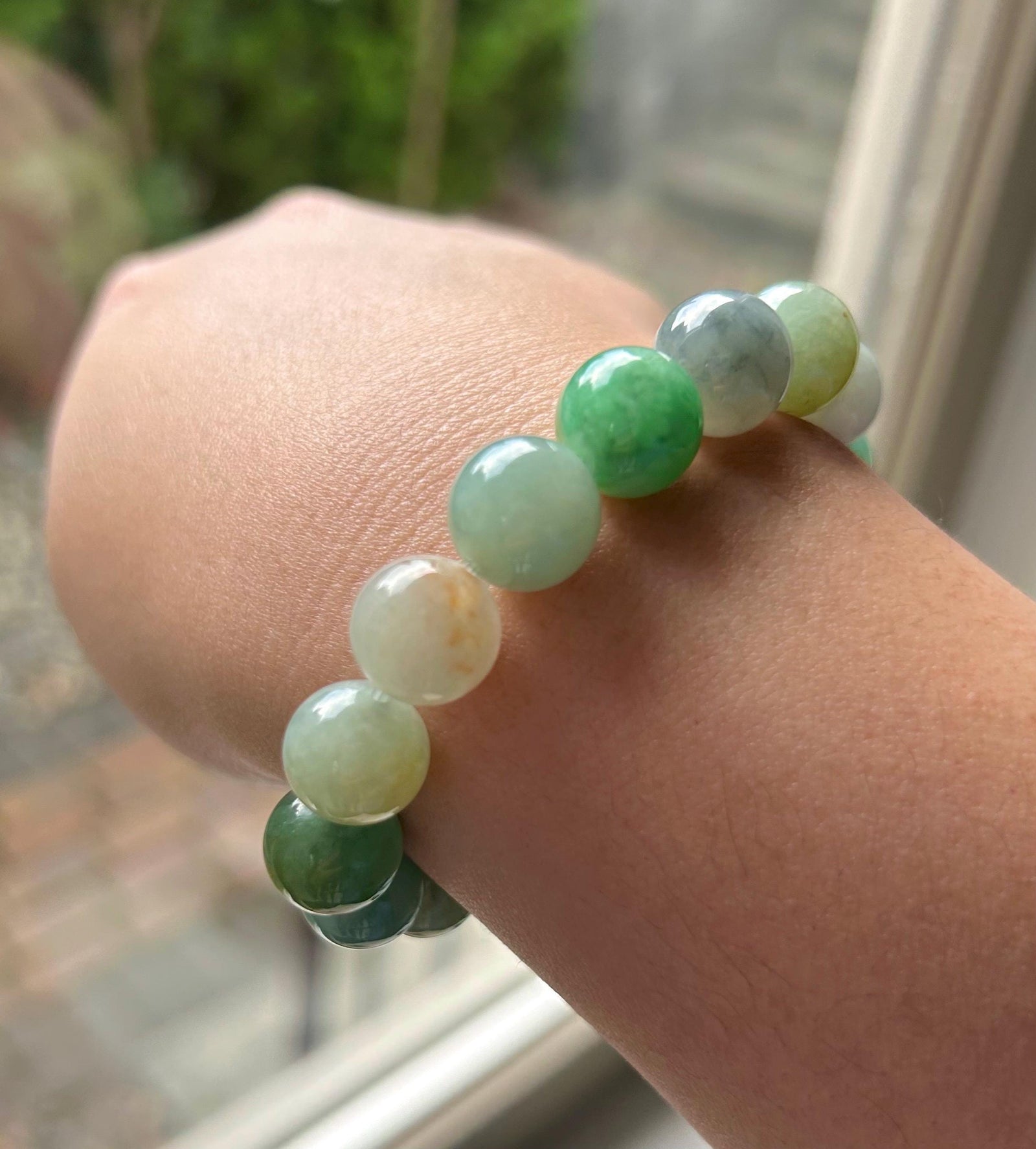 Burmese Jadeite Beaded Bracelet: Natural Type A Highly Translucent Icy Autumn Multicolor 11.5mm Myanmar Jade Untreated