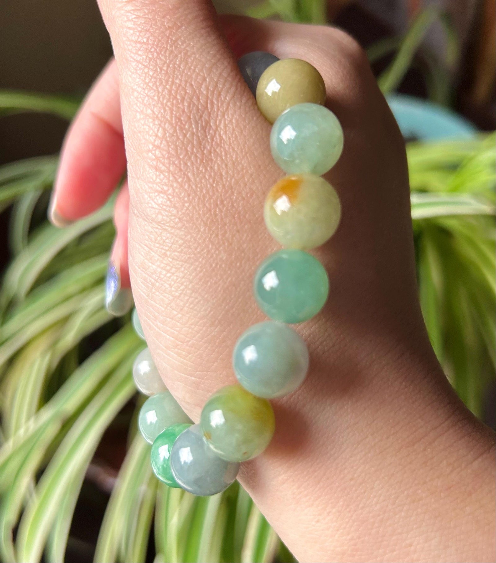 Burmese Jadeite Beaded Bracelet: Natural Type A Highly Translucent Icy Autumn Multicolor 11.5mm Myanmar Jade Untreated