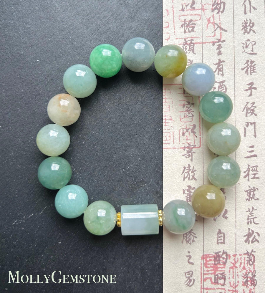 Burmese Jadeite Beaded Bracelet: Natural Type A Highly Translucent Icy Autumn Multicolor 11.5mm Myanmar Jade Untreated