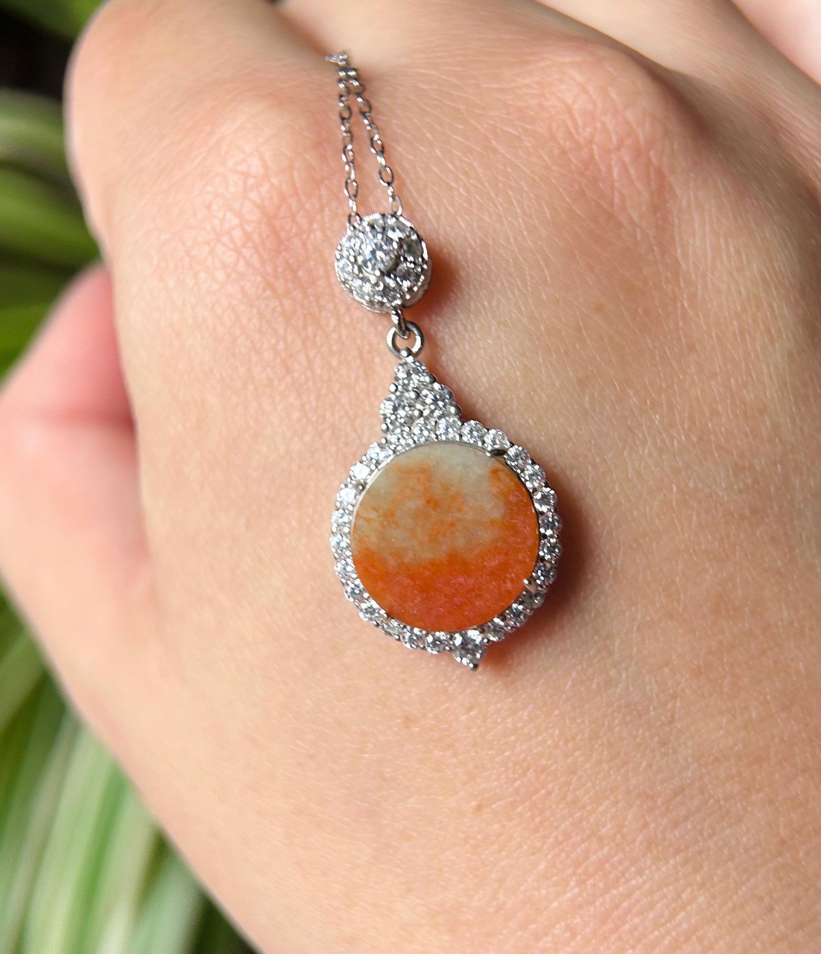 Natural Jadeite & Sterling Silver Pendant Burmese Type A RARE Icy Translucent Pumpkin Color Peace Plaque Orange Jade Halloween Gift