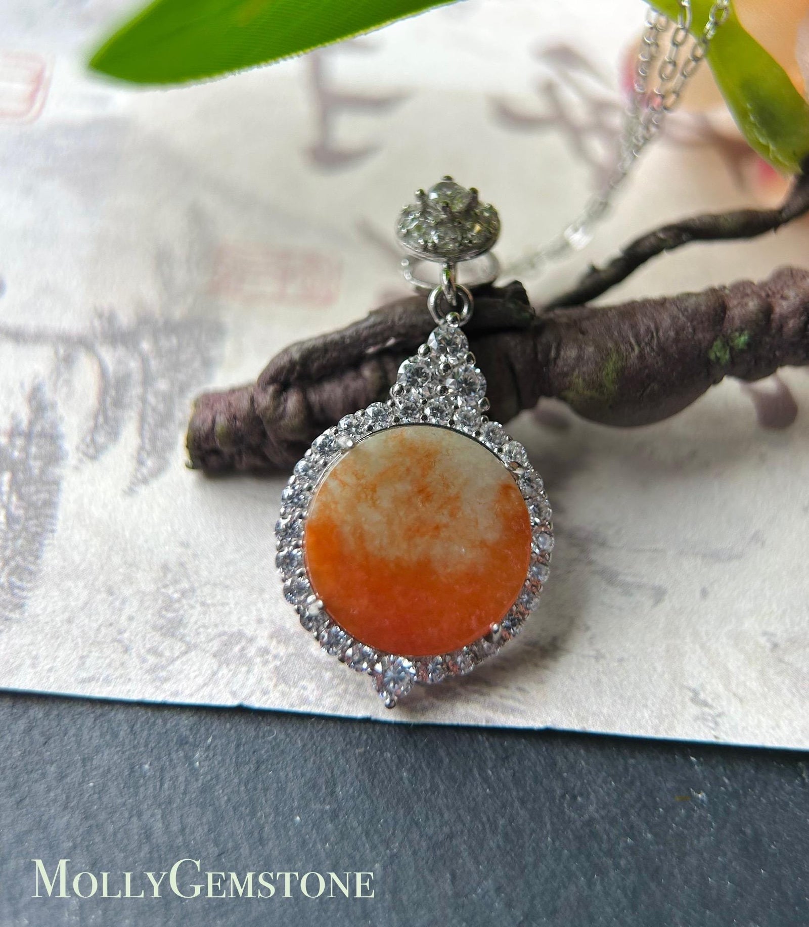Natural Jadeite & Sterling Silver Pendant Burmese Type A RARE Icy Translucent Pumpkin Color Peace Plaque Orange Jade Halloween Gift