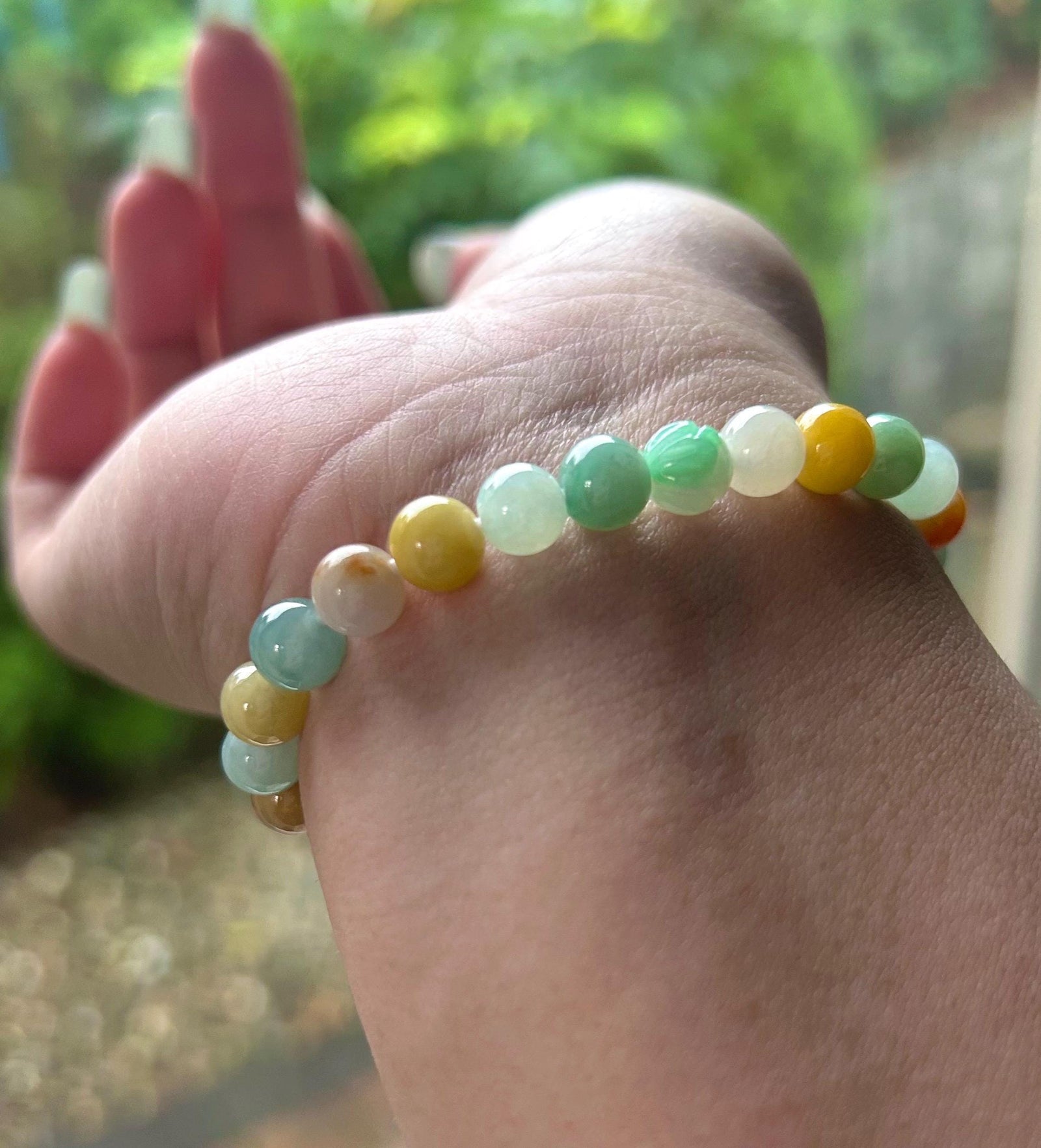 Burmese Jadeite Beaded Bracelet: Natural Type A Icy Translucent Multicolor, 7mm
