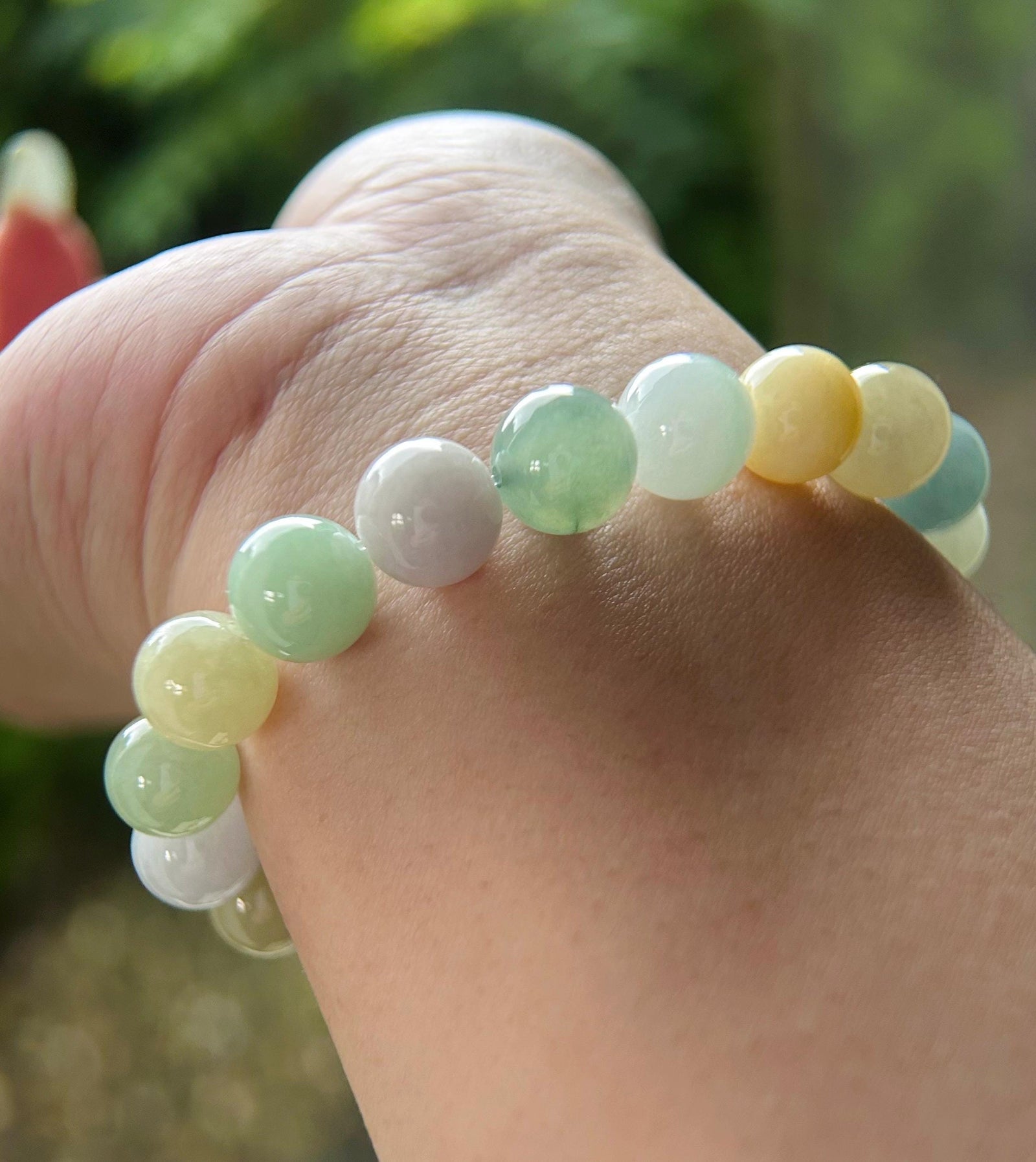 Burmese Jadeite Beaded Bracelet: Natural Type A Highly Translucent Icy Autumn Multicolor 10mm Myanmar Jade Untreated