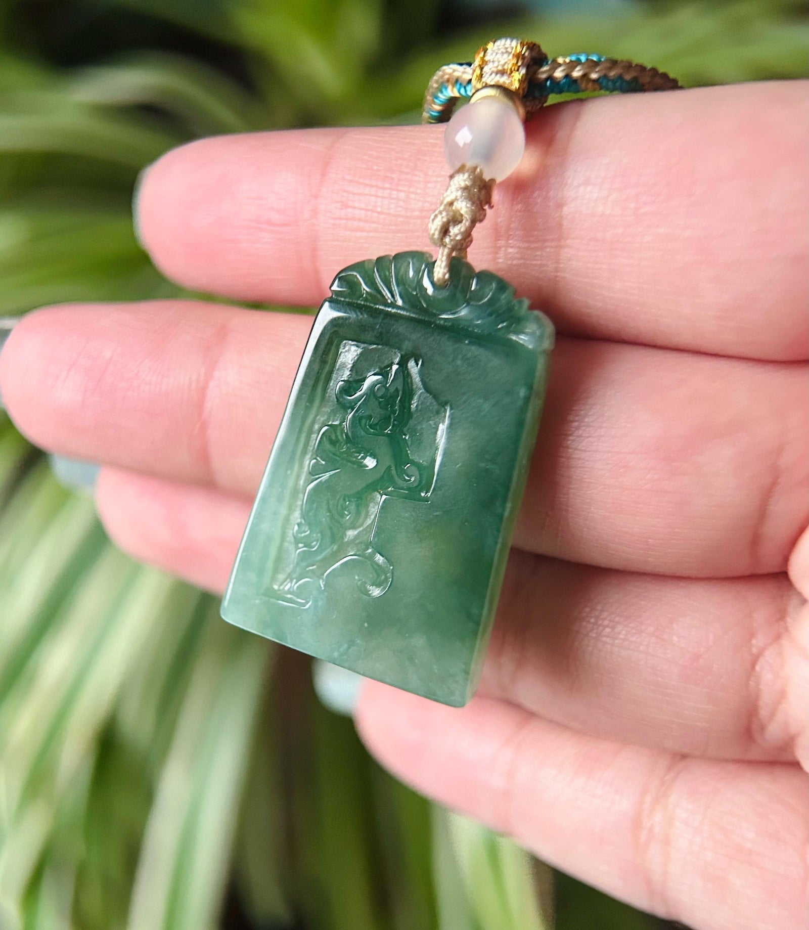 Burmese Jadeite Dragon and Phoenix Pendant Handwoven Necklace: Hand-Carved Natural Type A Myanmar Icy Bluish Green Jade Jewelry